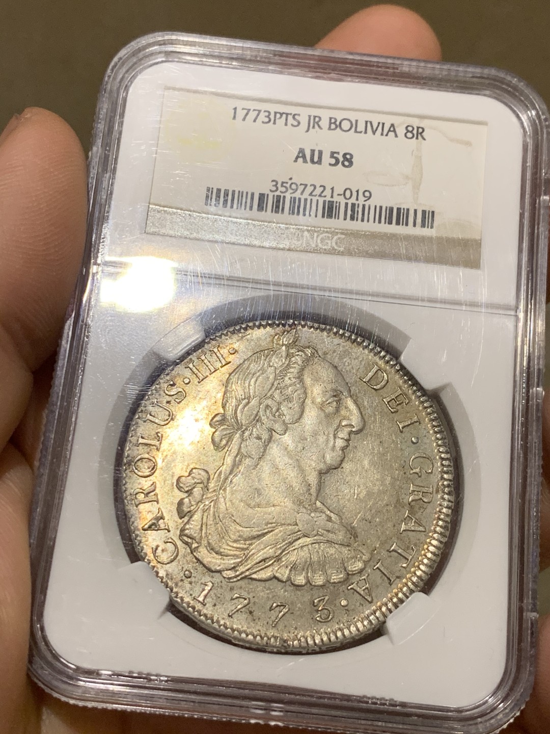 《竞宝斋》第52场-本周日，周一2场连拍（全场不限金额包邮） NGC AU58 原味深打 玻利维亚 1773年 卡三 双柱 大银币 满眼的肌肉感 背面PL感十足 值得收藏