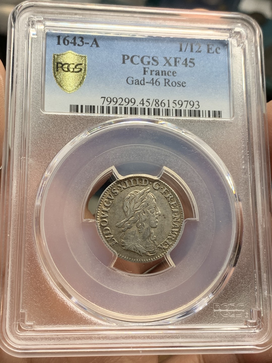 《竞宝斋》第52场-本周日，周一2场连拍（全场不限金额包邮） PCGS XF45 1643年法国路易十三1/12埃居银币 路易十三的机制币很少见，深打，盾徽清晰