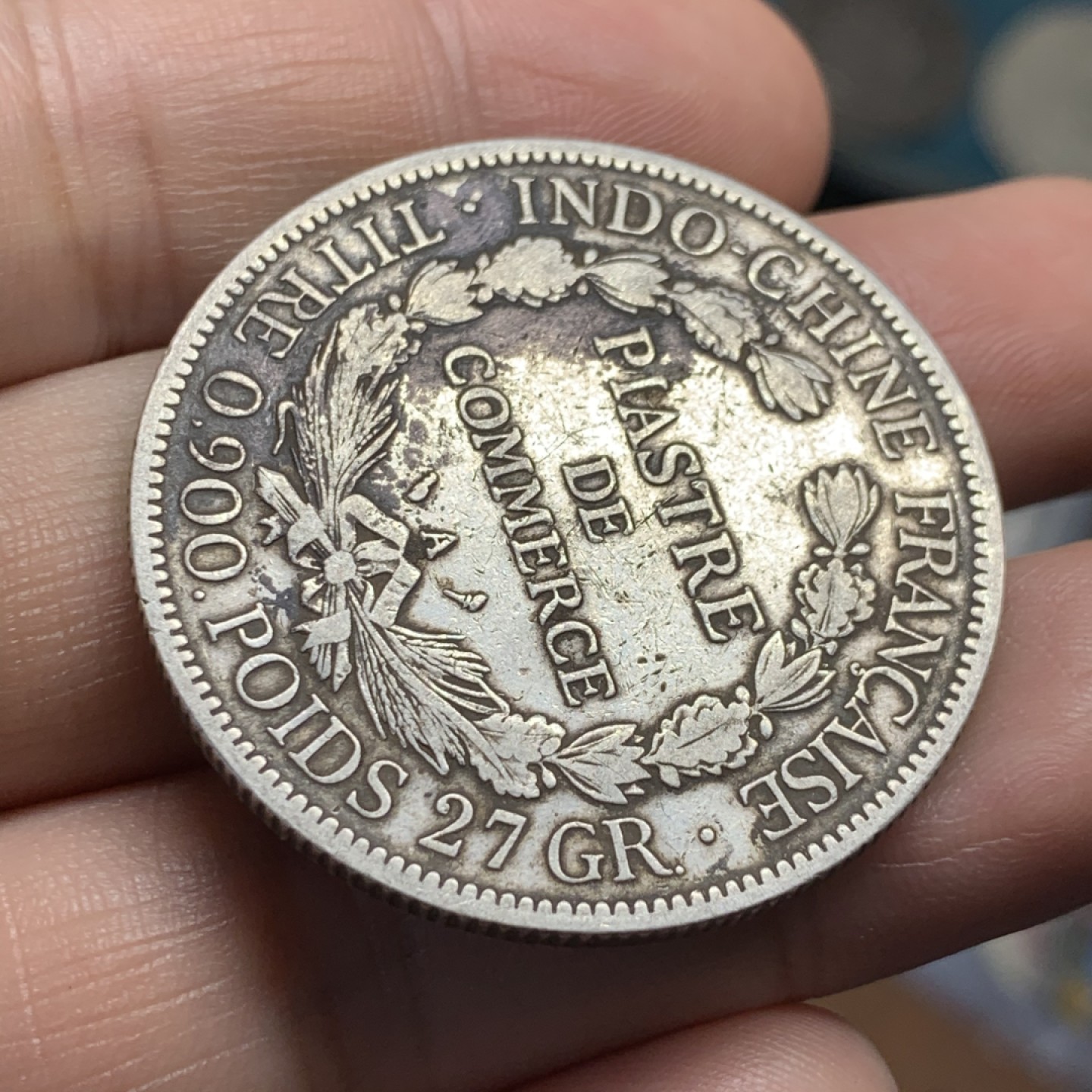 《竞宝斋》第52场-本周日，周一2场连拍（全场不限金额包邮） 法属印度支那1907年1皮阿斯特坐洋银币 原味包浆