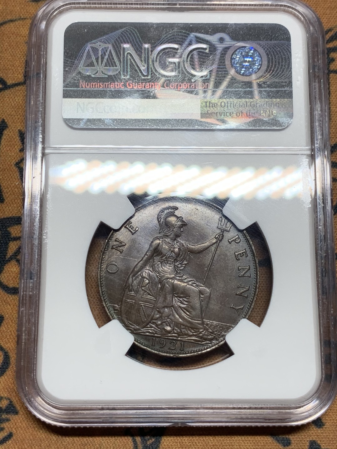 《竞宝斋》第52场-本周日，周一2场连拍（全场不限金额包邮） 英国1921年乔治五世大头版一便士铜币 NGC AU58 BN 巧克力包浆