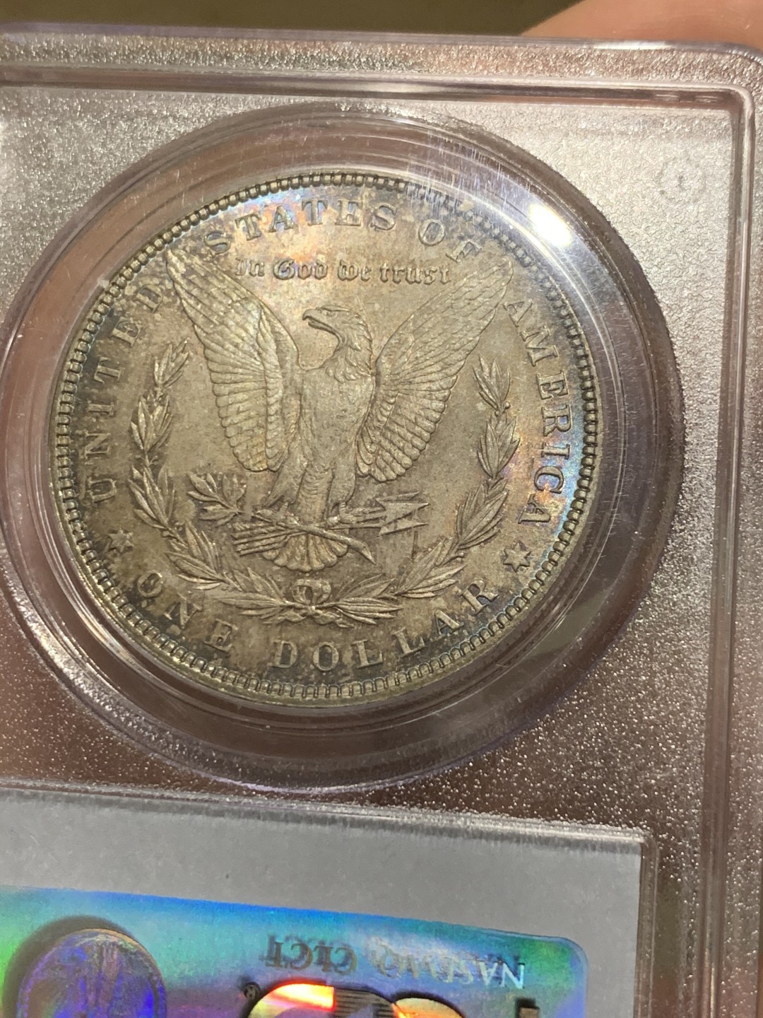 《竞宝斋》第52场-本周日，周一2场连拍（全场不限金额包邮） PCGS MS63美国1896年摩根银币  老盒严评 五彩包浆