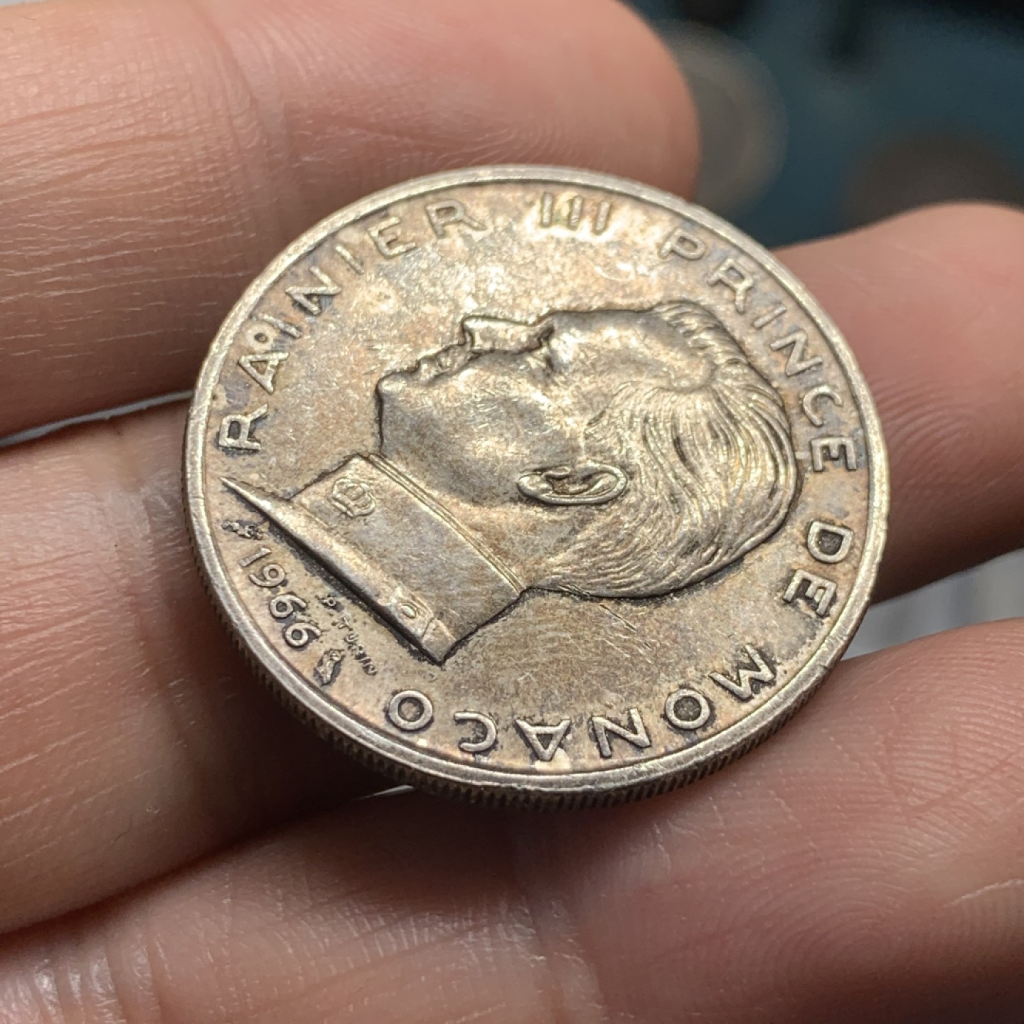 《竞宝斋》第52场-本周日，周一2场连拍（全场不限金额包邮） 1966年 摩纳哥 5F 银币 细节不错，包浆醇厚