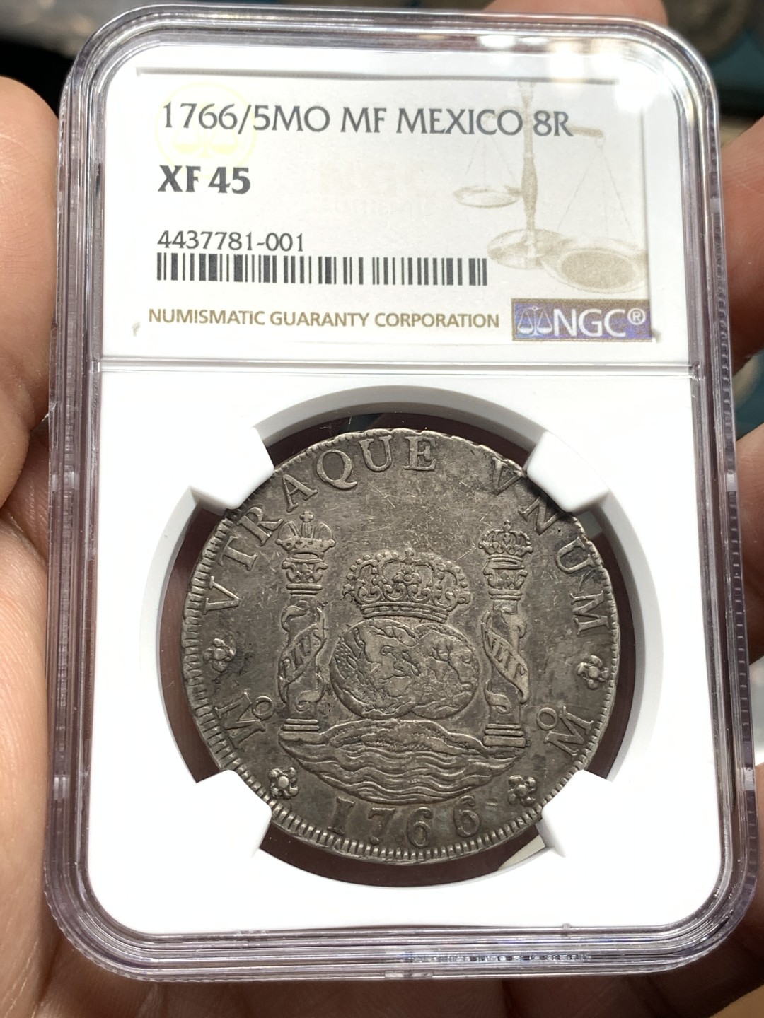 《竞宝斋》第52场-本周日，周一2场连拍（全场不限金额包邮） NGC-XF45  墨西哥地球 1766/5   8 里亚尔   地球骑字都是属于rare  加之大黑彩包浆 收藏首选  最热  