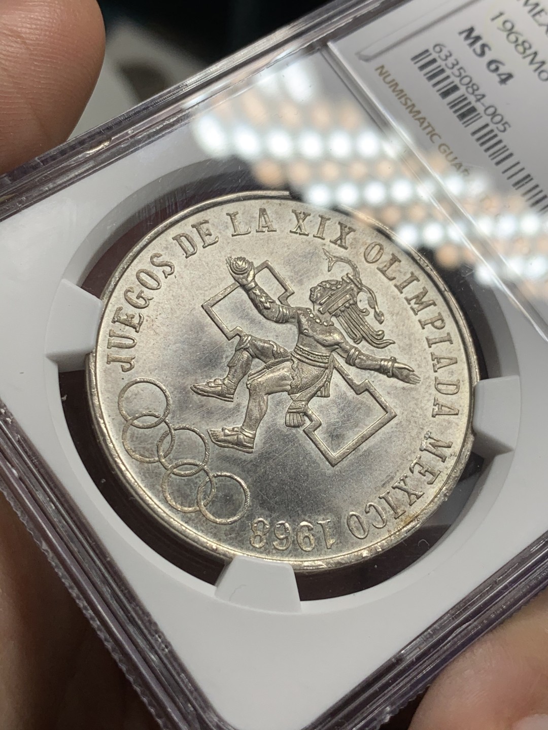 《竞宝斋》第52场-本周日，周一2场连拍（全场不限金额包邮） NGC MS64 墨西哥1968年 25比索 奥运会 纪念银币 铸纹明显 状态佳