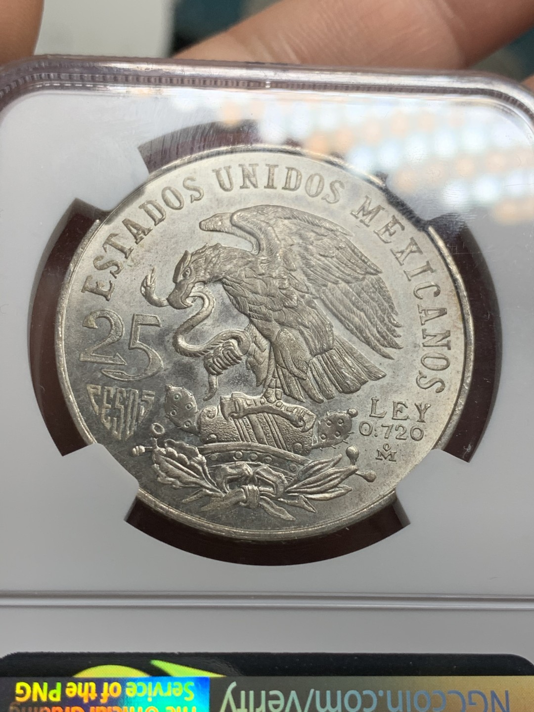 《竞宝斋》第52场-本周日，周一2场连拍（全场不限金额包邮） NGC MS64 墨西哥1968年 25比索 奥运会 纪念银币 铸纹明显 状态佳