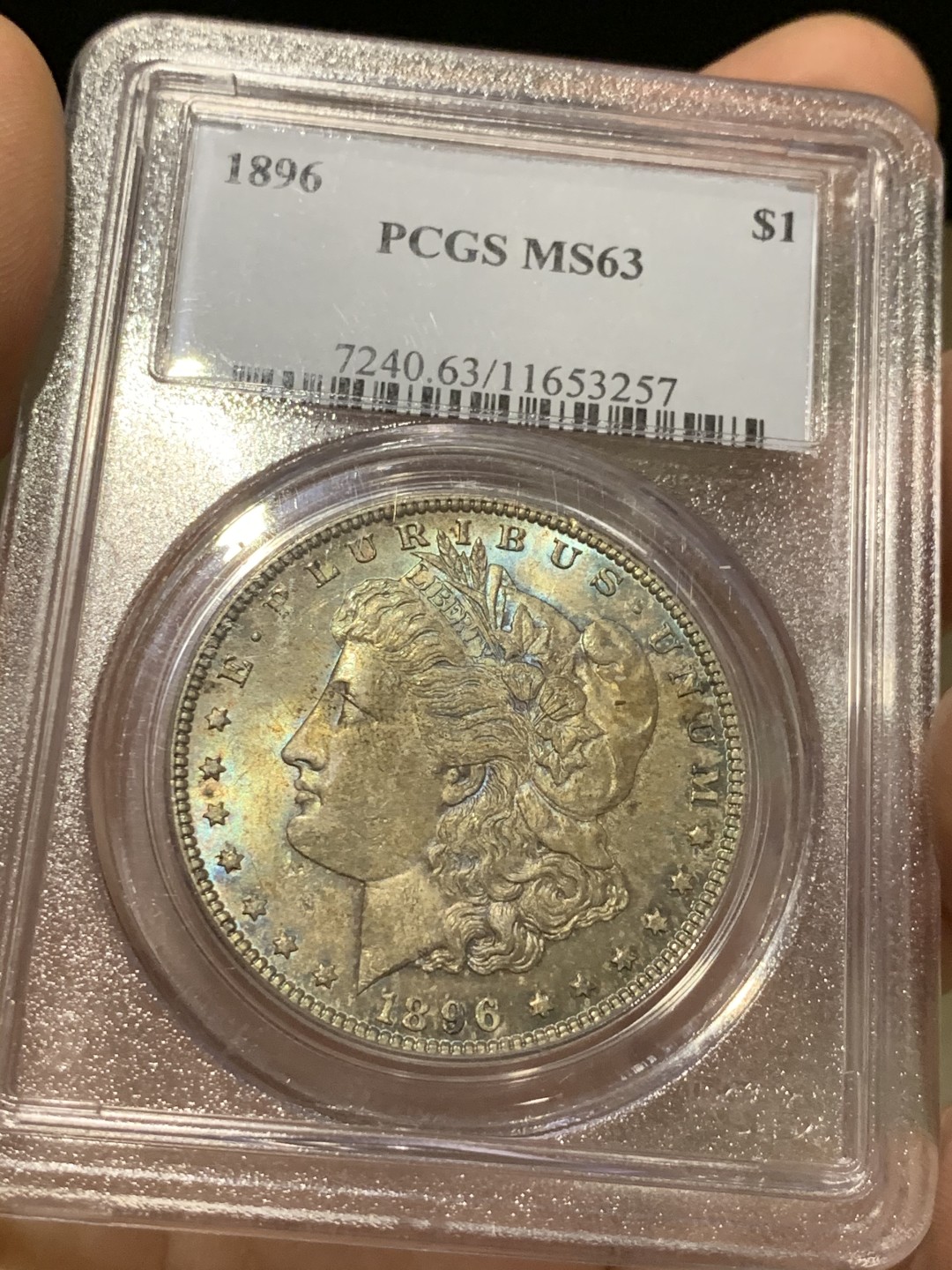 《竞宝斋》第52场-本周日，周一2场连拍（全场不限金额包邮） PCGS MS63美国1896年摩根银币  老盒严评 五彩包浆