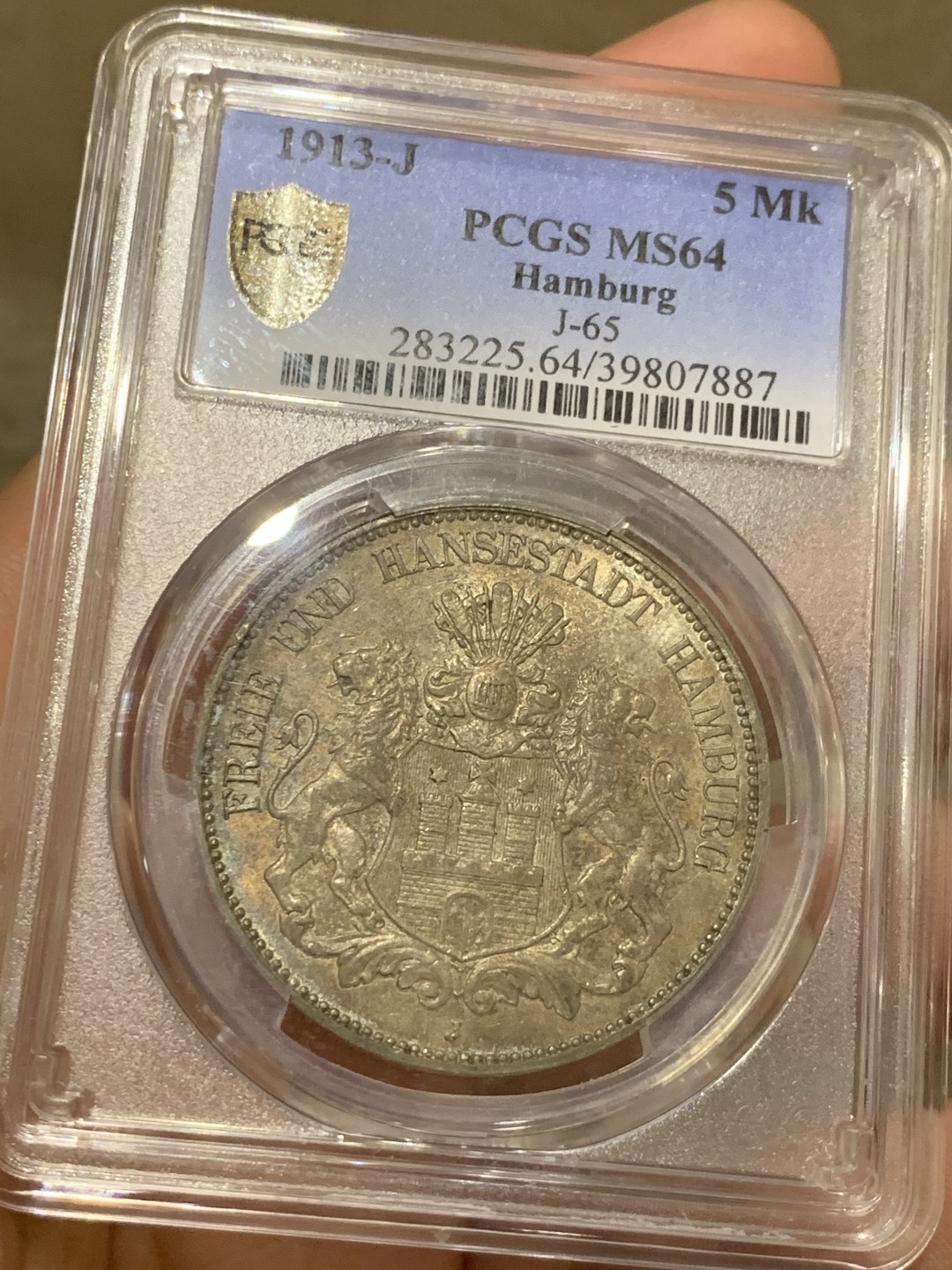 《竞宝斋》第52场-本周日，周一2场连拍（全场不限金额包邮） PCGS-MS64 1913-J 汉堡双狮5马克 最美德币之一 高分极少 五彩斑斓 收藏级品相