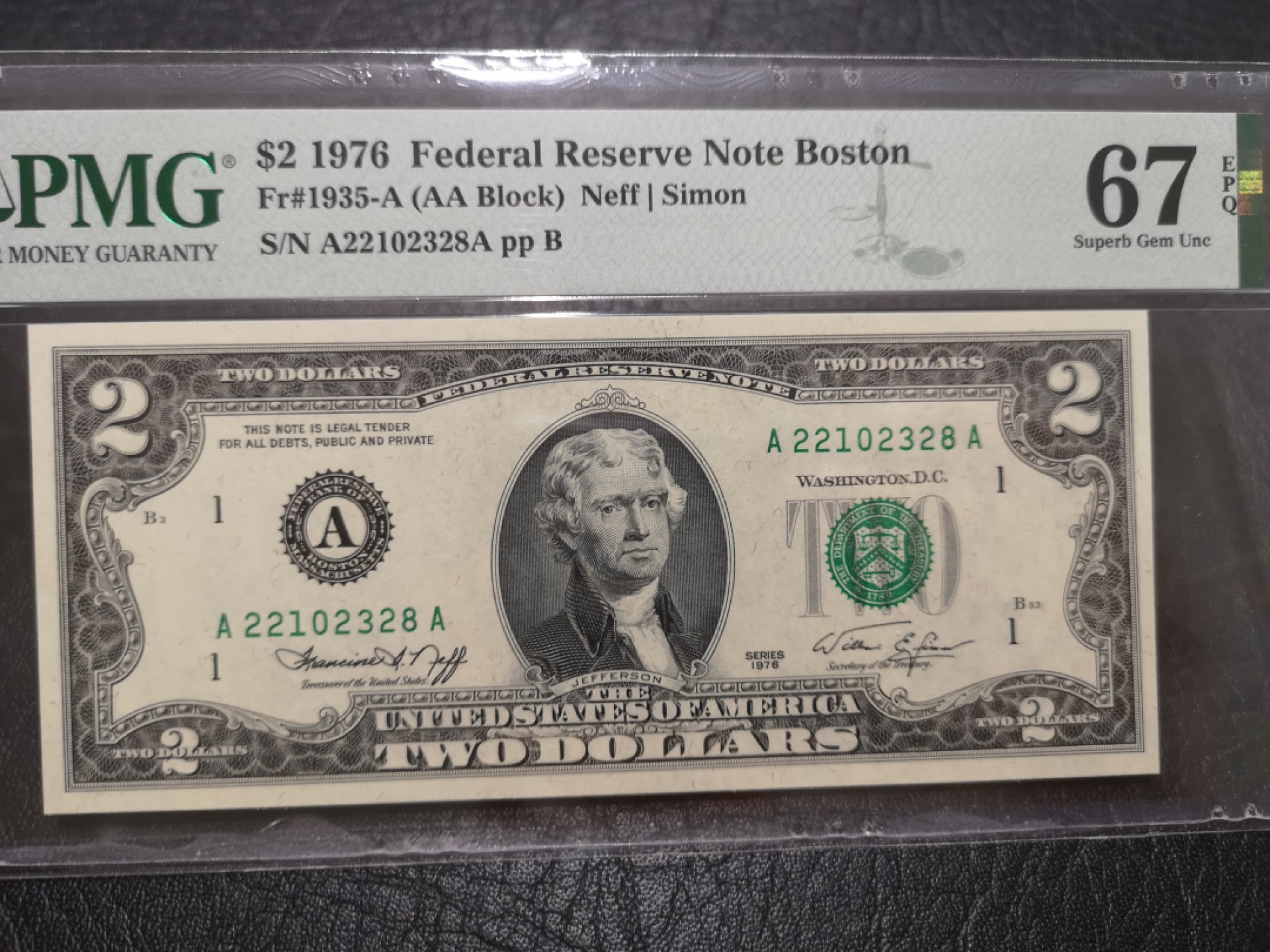 外钞收藏家》第一百七十六期拍卖 1976年1美元 AA冠无47尾8 PMG67