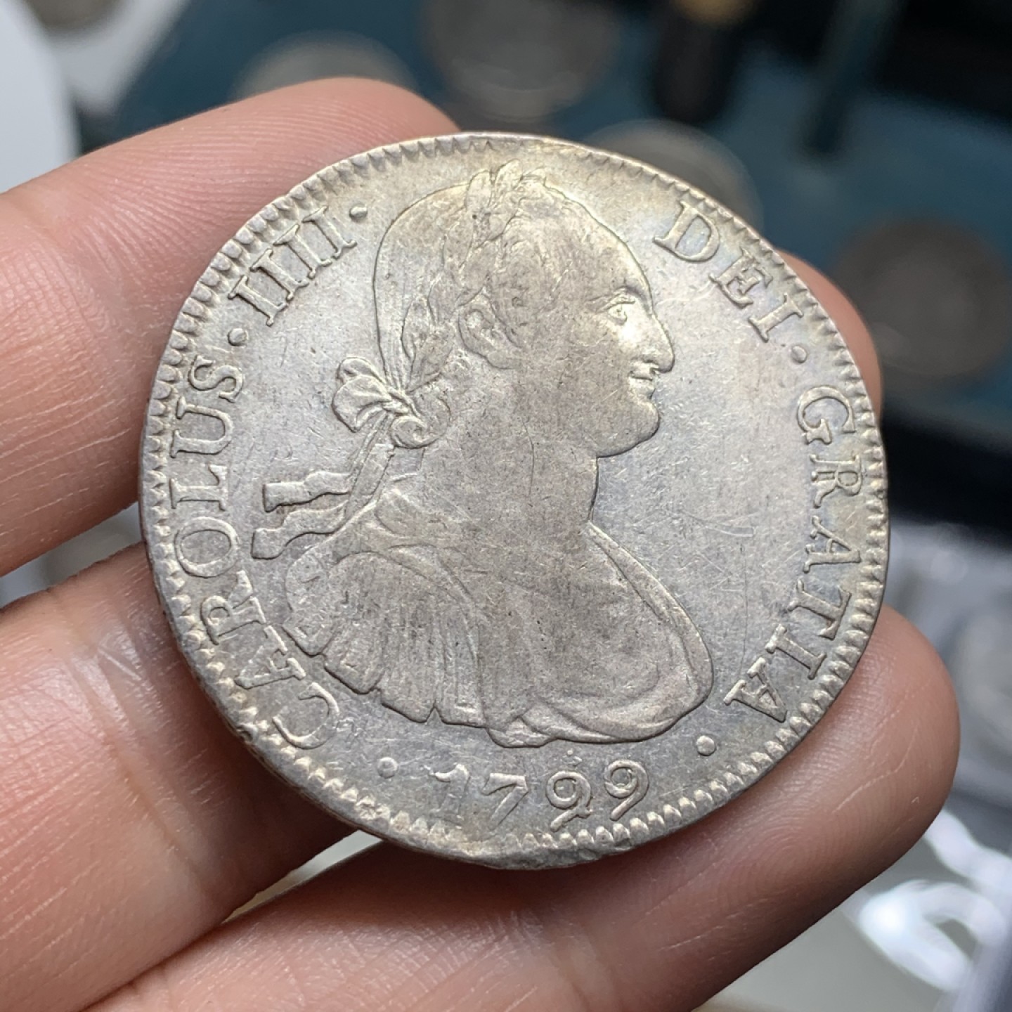 《竞宝斋》第52场-本周日，周一2场连拍（全场不限金额包邮） 西属墨西哥 1799年卡洛斯四世 8Reals银币 AU状态带光