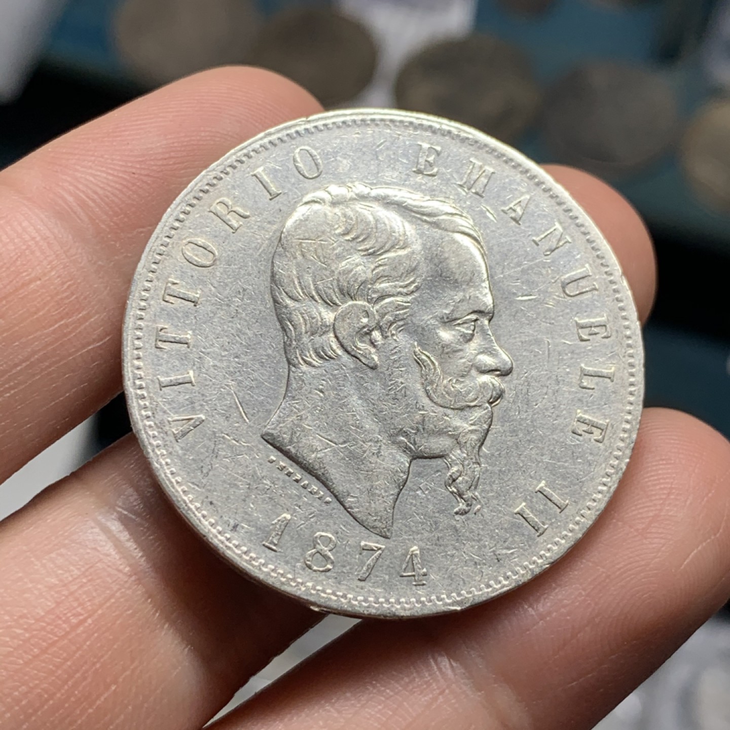 《竞宝斋》第52场-本周日，周一2场连拍（全场不限金额包邮） 1874年意大利王国银币、伊曼纽尔二世、5里拉