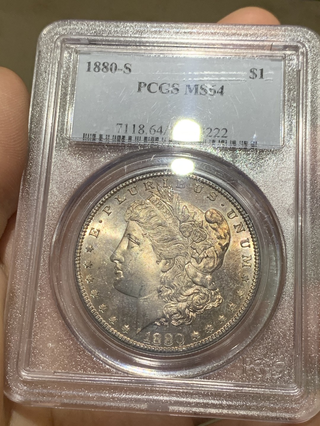 《竞宝斋》第52场-本周日，周一2场连拍（全场不限金额包邮） PCGS MS64美国1880s年摩根银币 老盒好状态 强转光