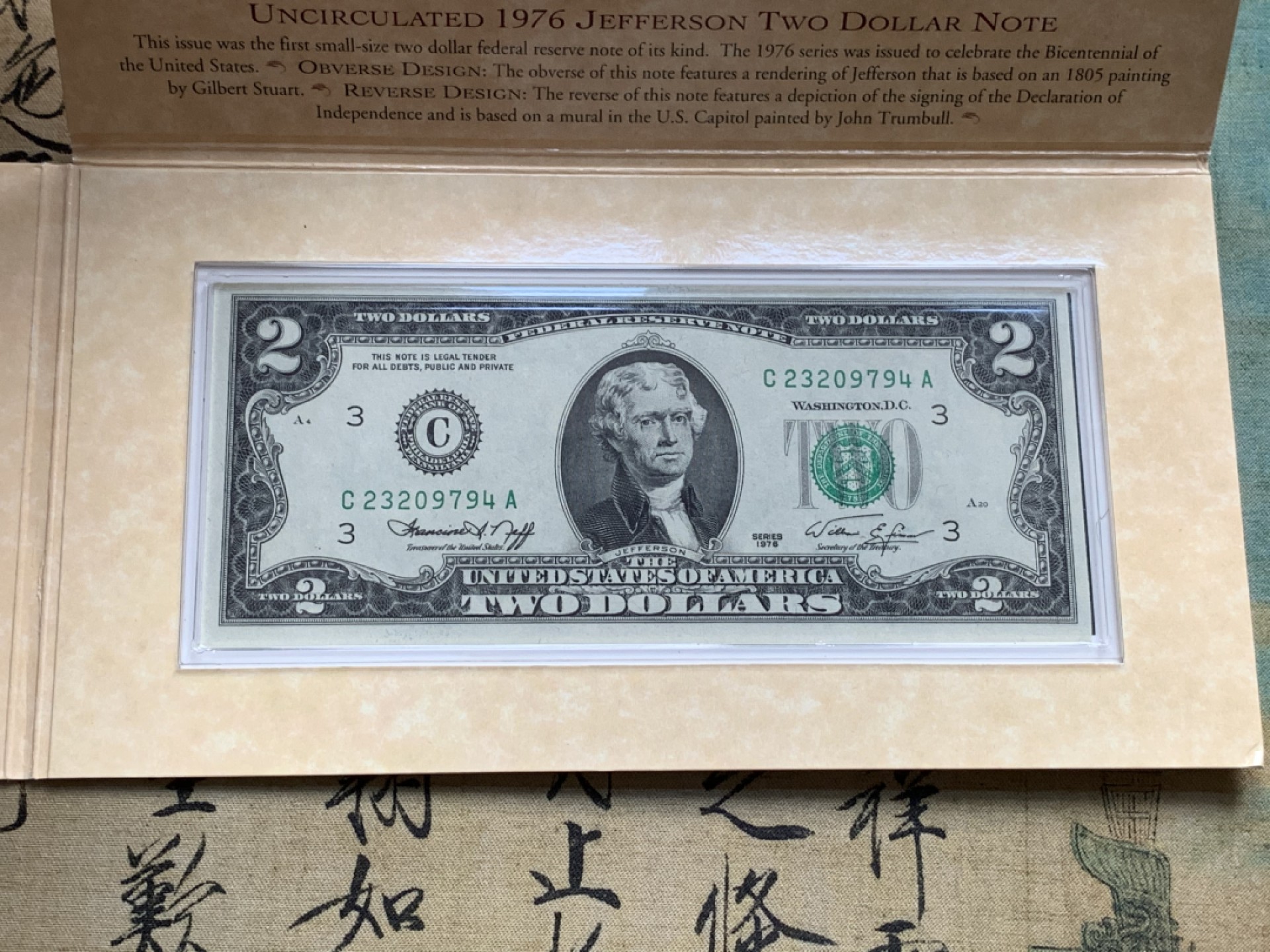 《竞宝斋》第52场-本周日，周一2场连拍（全场不限金额包邮） 卡装 美国1993/94年 杰克逊 1元，25分 和全新1976年2美元纸币一张 罕见