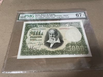 【Blue Auction】✨世界纸币精拍第179期——迎五一专场（共108拍） - 【无47 高分 A冠】西班牙 1951年1000比塞塔 大华金 PMG67EPQ 高分少见