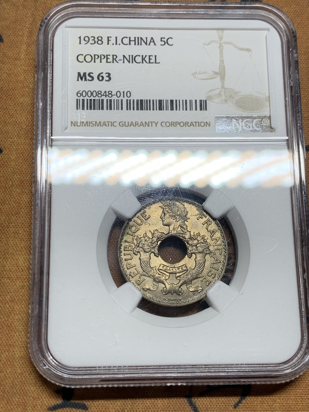 《竞宝斋》第52场-本周日，周一2场连拍（全场不限金额包邮） NGC MS63 1938年法属印支5分镍币 黄油光