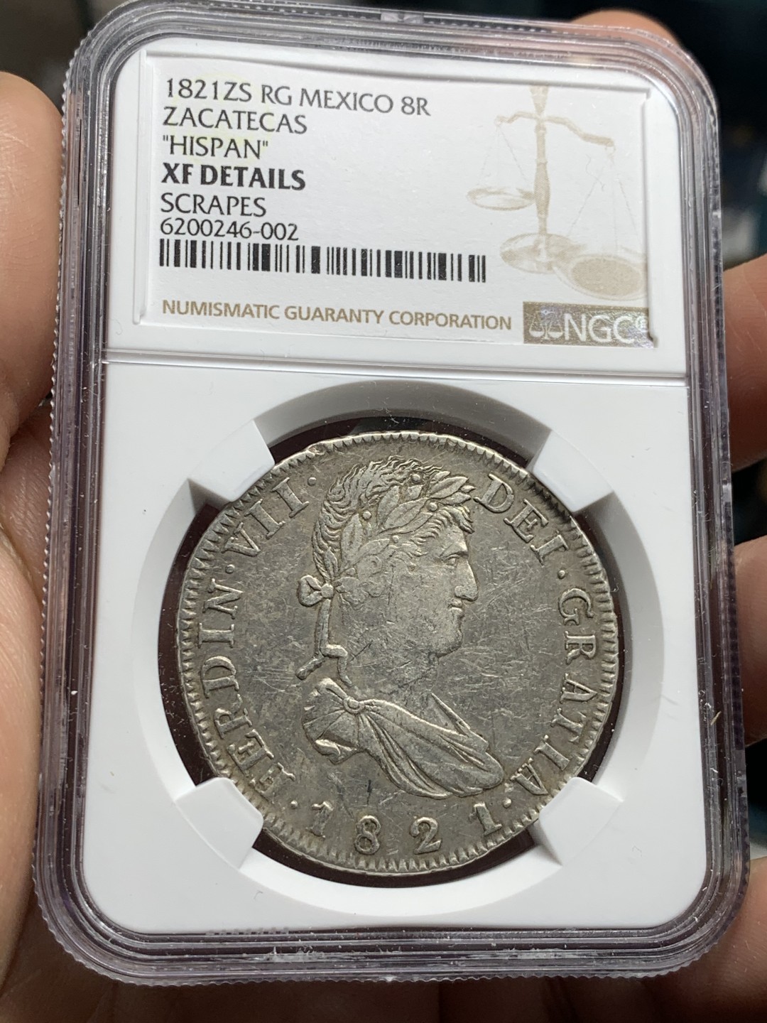 《竞宝斋》第52场-本周日，周一2场连拍（全场不限金额包邮） NGC-XFD   墨西哥独立双柱 萨斯泰卡斯 zs  1821 8 里亚尔  原味  独立革命时期 很少见的厂别 