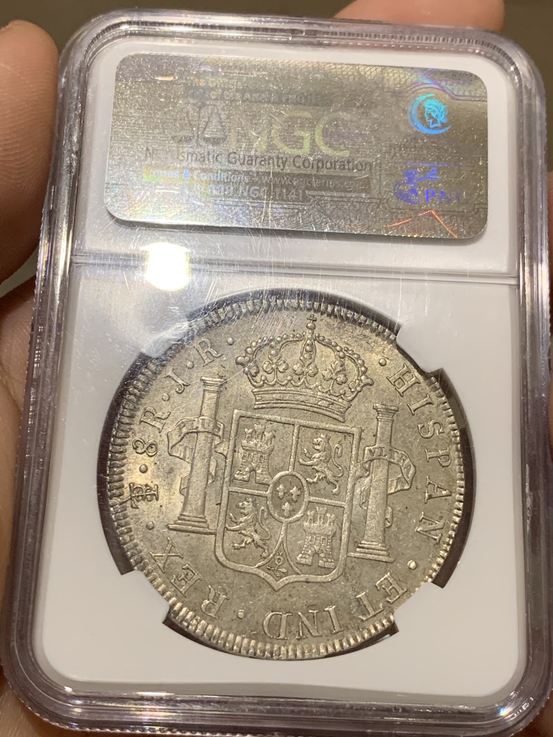 《竞宝斋》第52场-本周日，周一2场连拍（全场不限金额包邮） NGC AU58 原味深打 玻利维亚 1773年 卡三 双柱 大银币 满眼的肌肉感 背面PL感十足 值得收藏