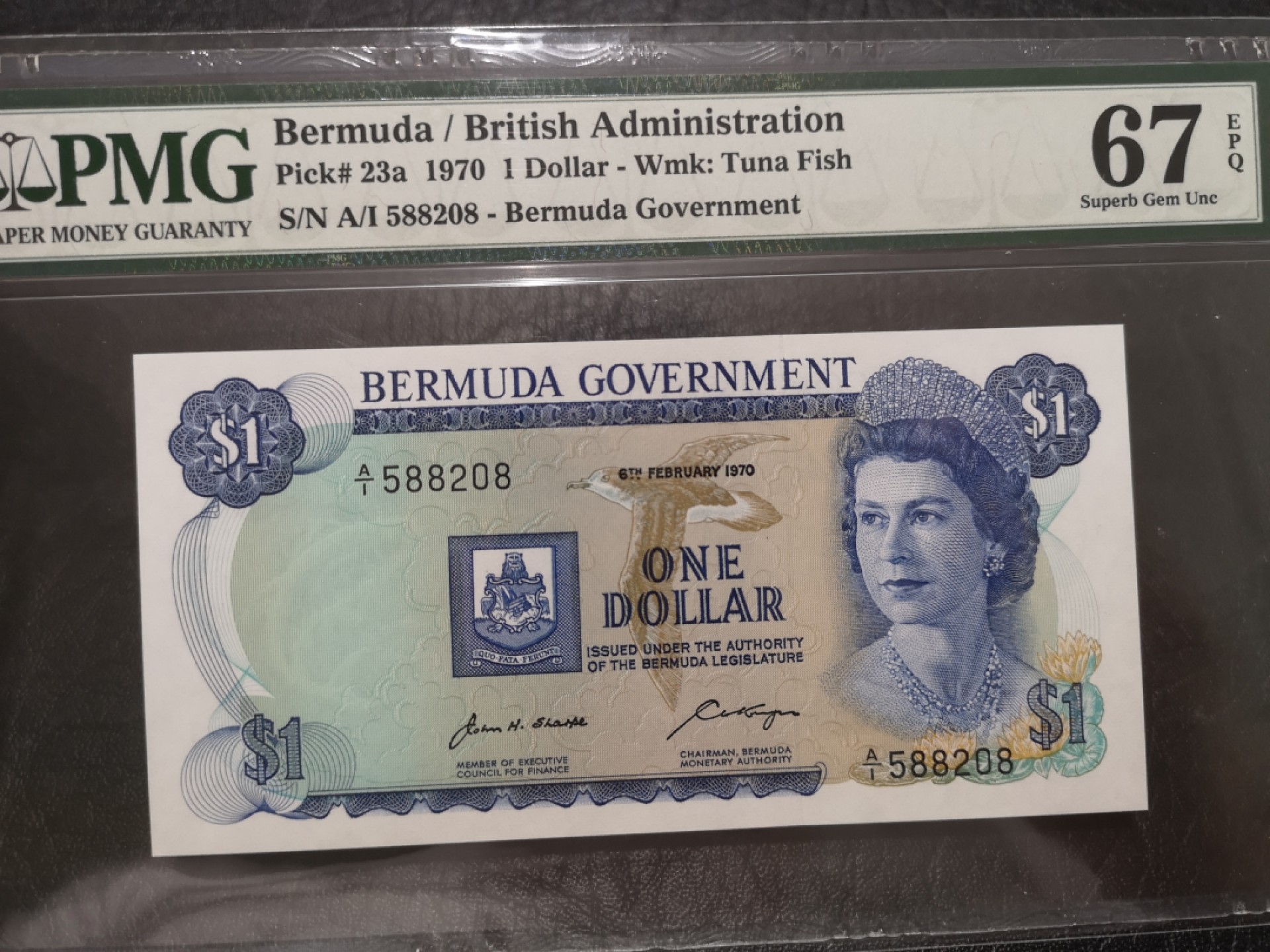 外钞收藏家》第一百七十六期拍卖 1970年百慕大1刀 A1冠 PMG67 无47尾8