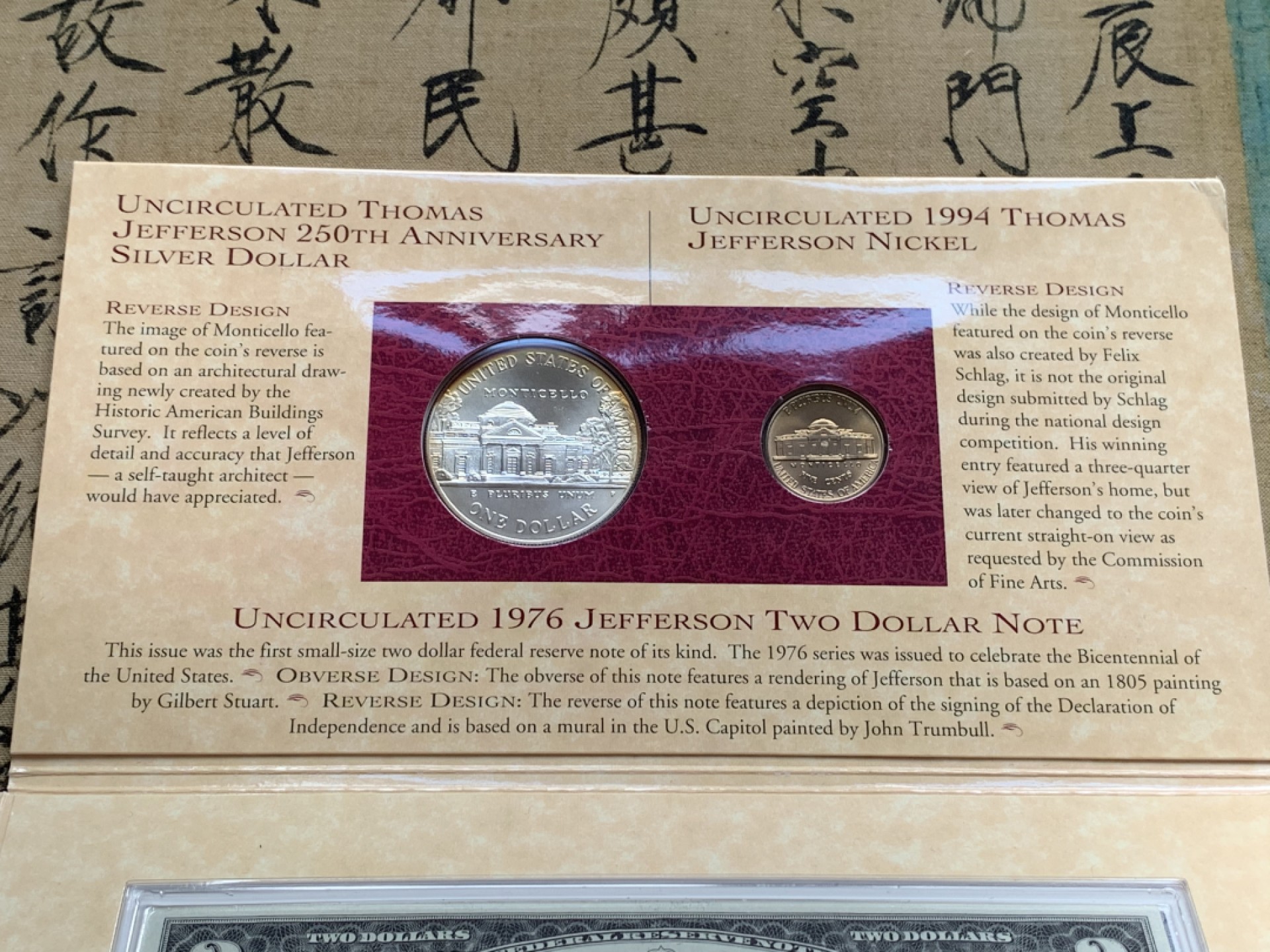《竞宝斋》第52场-本周日，周一2场连拍（全场不限金额包邮） 卡装 美国1993/94年 杰克逊 1元，25分 和全新1976年2美元纸币一张 罕见