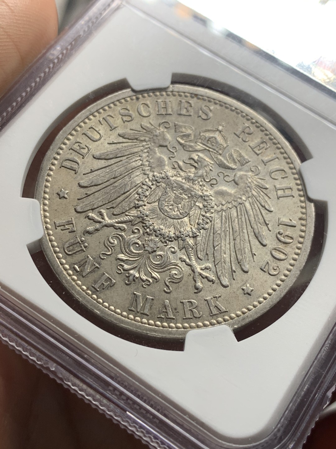 《竞宝斋》第52场-本周日，周一2场连拍（全场不限金额包邮） NGC MS63 德国 1902年  巴登 登基50周年 5马克 大银币 原味好状态