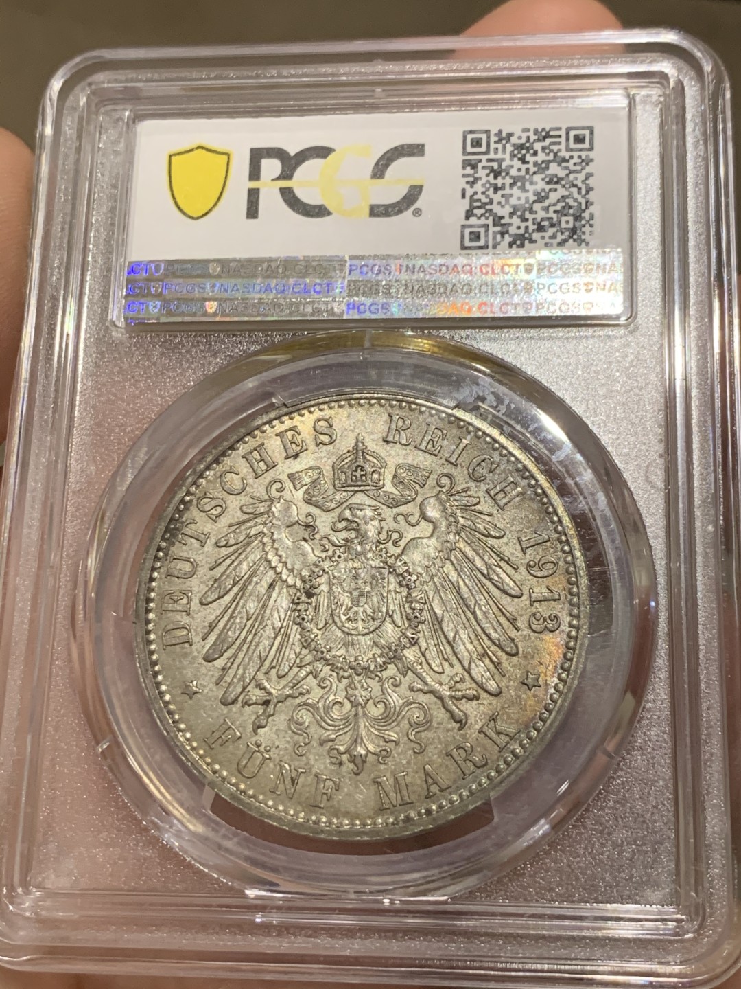 《竞宝斋》第52场-本周日，周一2场连拍（全场不限金额包邮） PCGS-MS64 1913-J 汉堡双狮5马克 最美德币之一 高分极少 五彩斑斓 收藏级品相