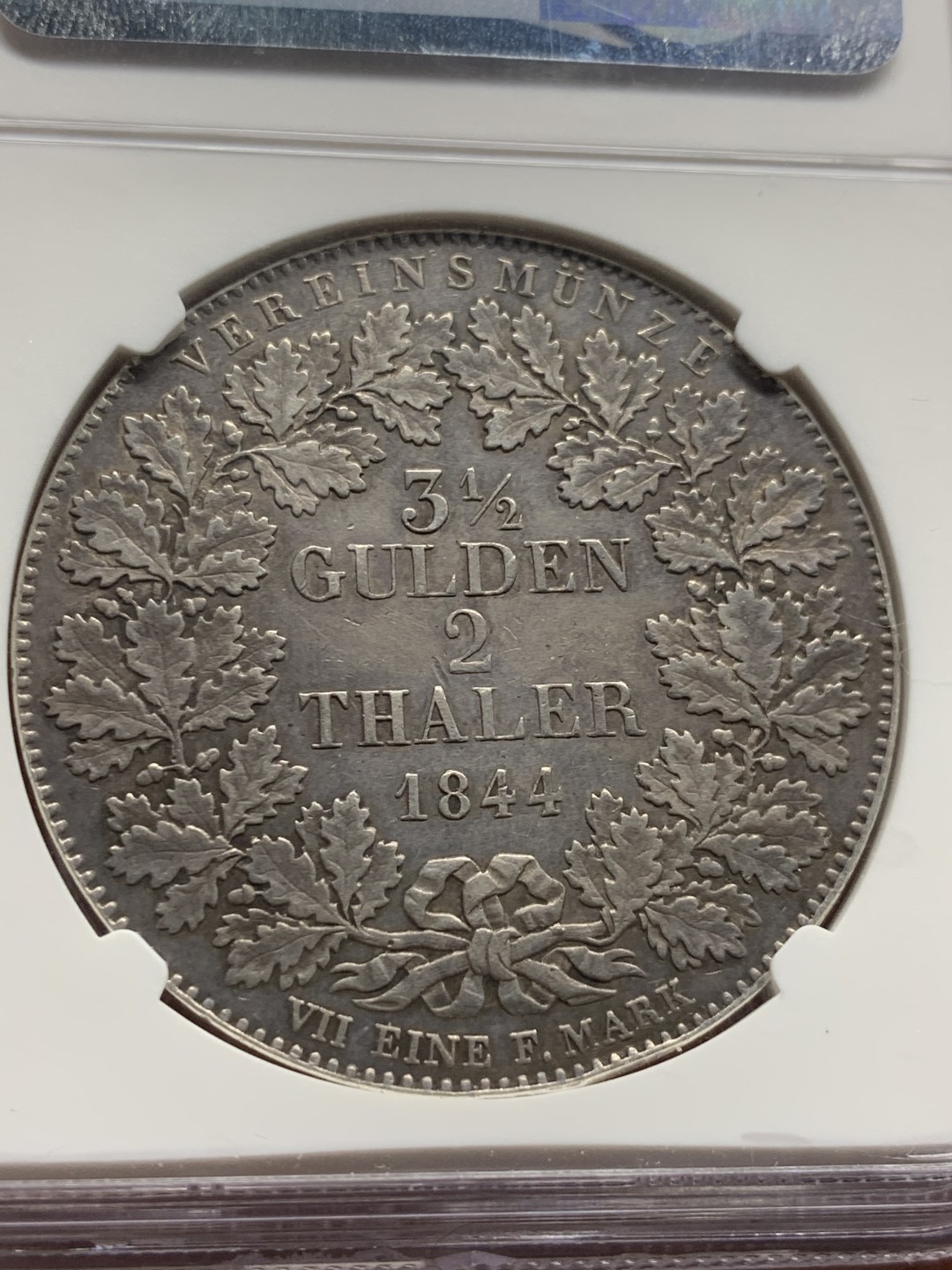 《竞宝斋》第52场-本周日，周一2场连拍（全场不限金额包邮） NGC 评级 德国法兰克福 1844年 2泰勒 景观银币 自然流通 整体温润