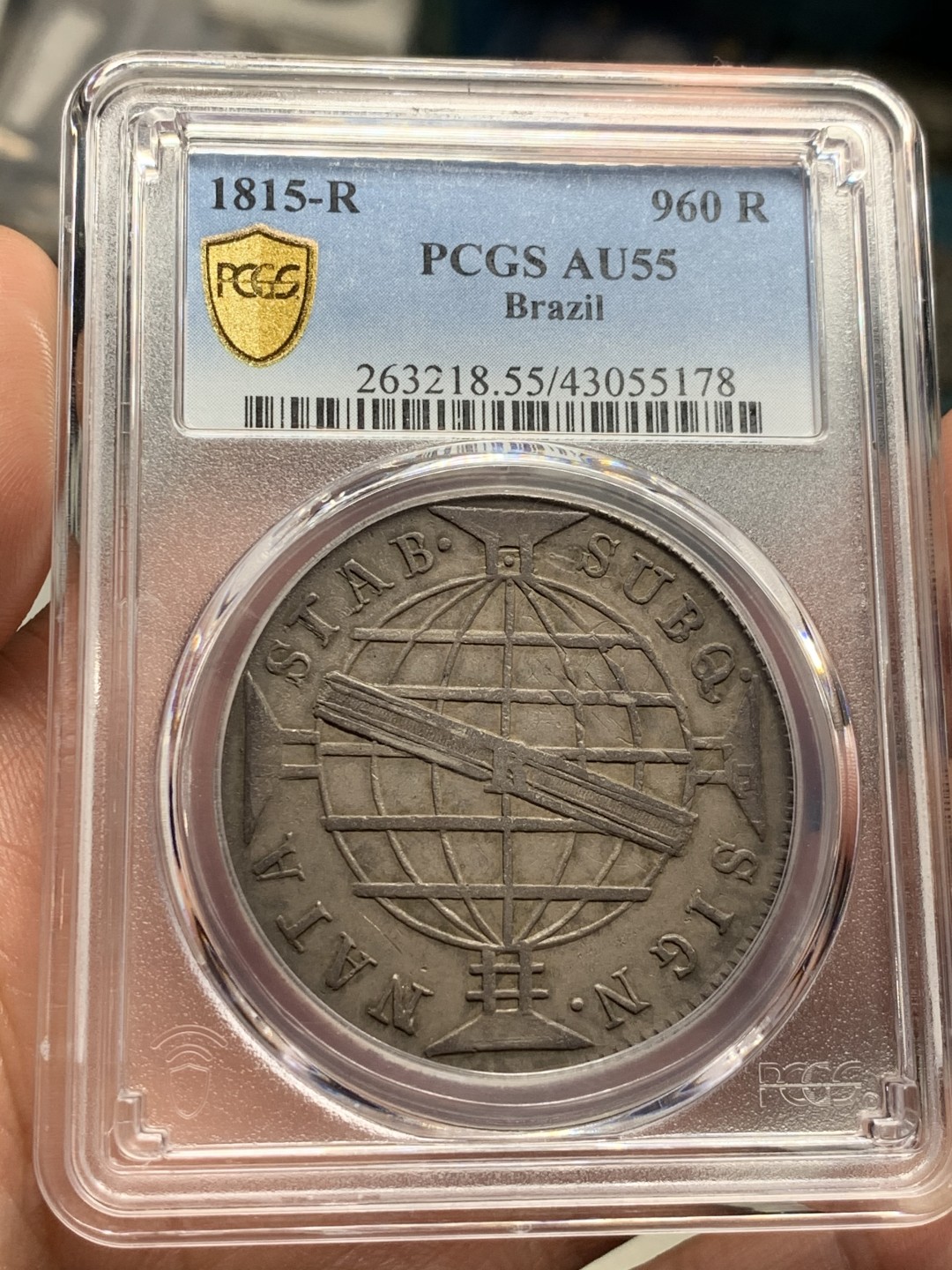 《竞宝斋》第52场-本周日，周一2场连拍（全场不限金额包邮） PCGS-AU55 巴西 1815 地球 960瑞斯 好味道双面黑彩 上涨品种