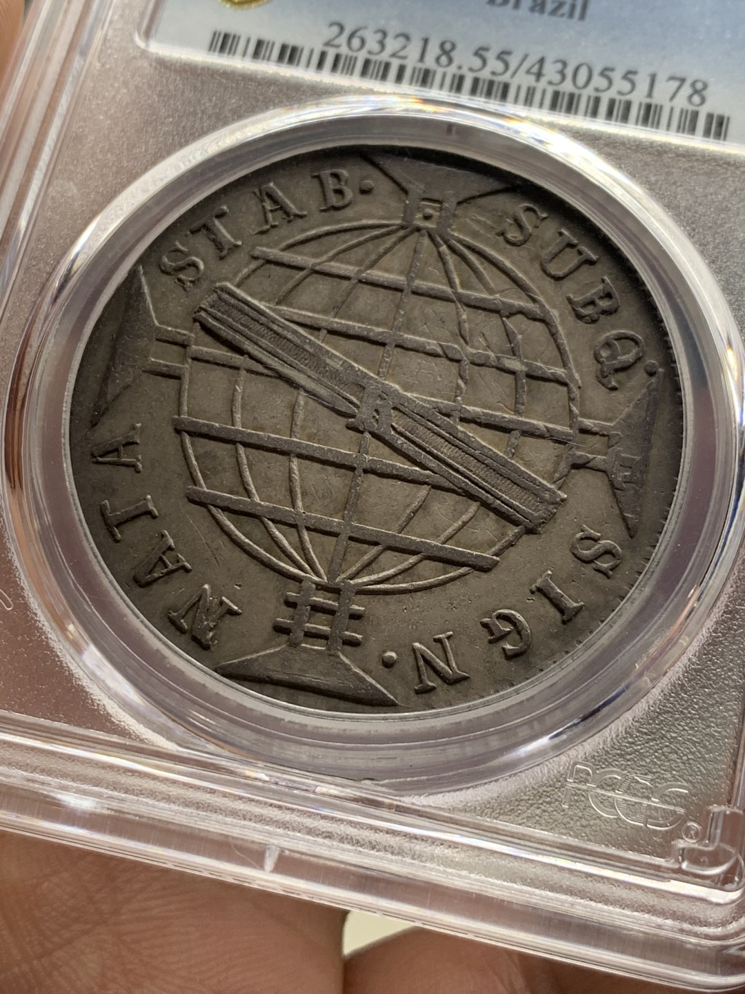 《竞宝斋》第52场-本周日，周一2场连拍（全场不限金额包邮） PCGS-AU55 巴西 1815 地球 960瑞斯 好味道双面黑彩 上涨品种