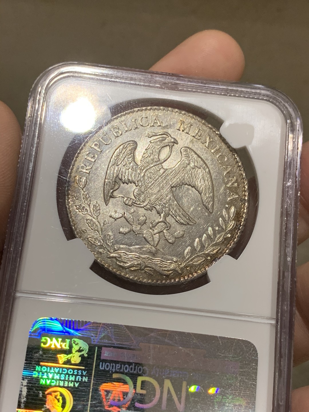 《竞宝斋》第52场-本周日，周一2场连拍（全场不限金额包邮） NGC MS63 稀少OA版 淡彩包浆 墨西哥 鹰洋 银币 难得高分 裸币都是作为XF-AU的存在 很少MS