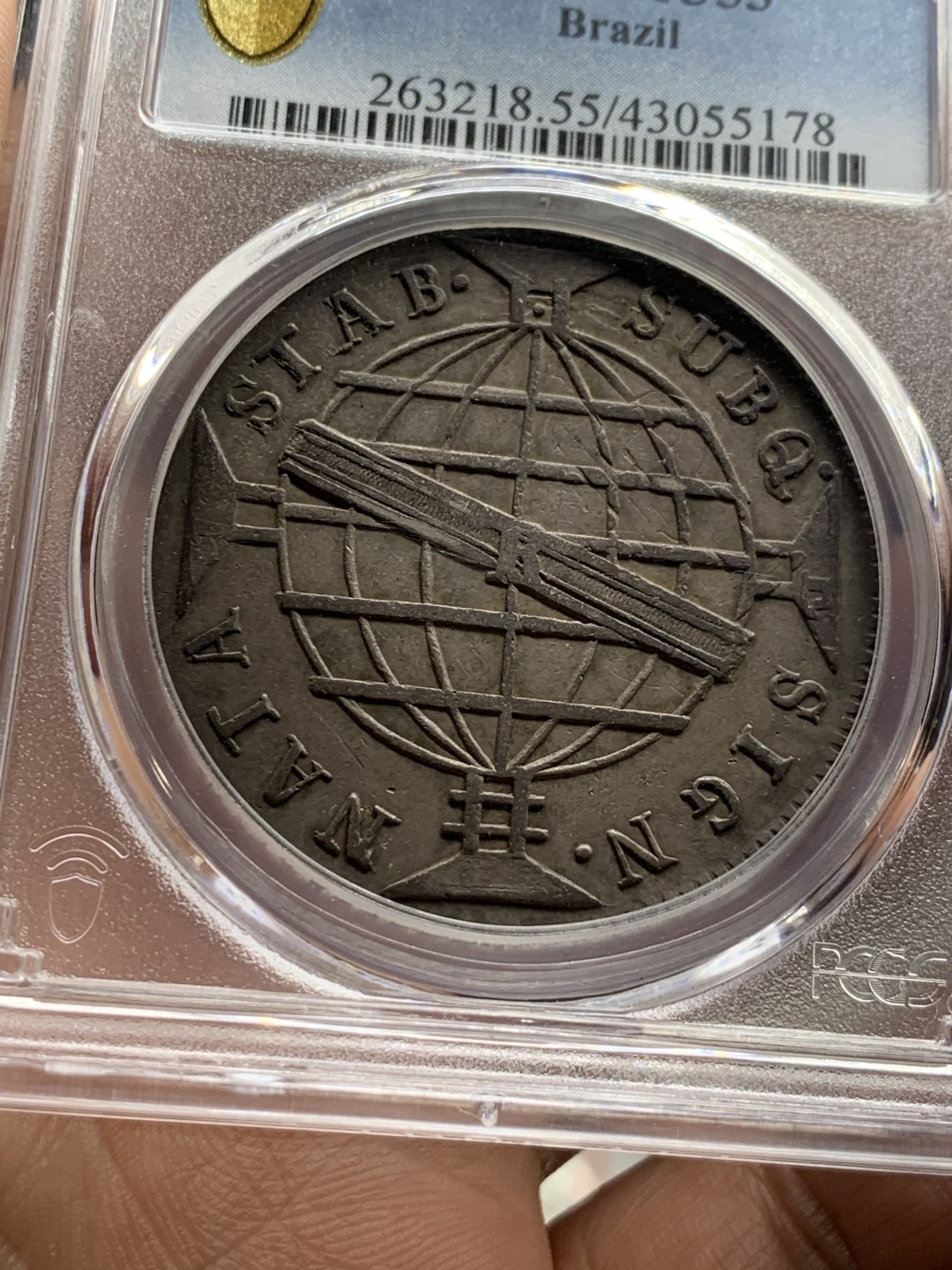 《竞宝斋》第52场-本周日，周一2场连拍（全场不限金额包邮） PCGS-AU55 巴西 1815 地球 960瑞斯 好味道双面黑彩 上涨品种