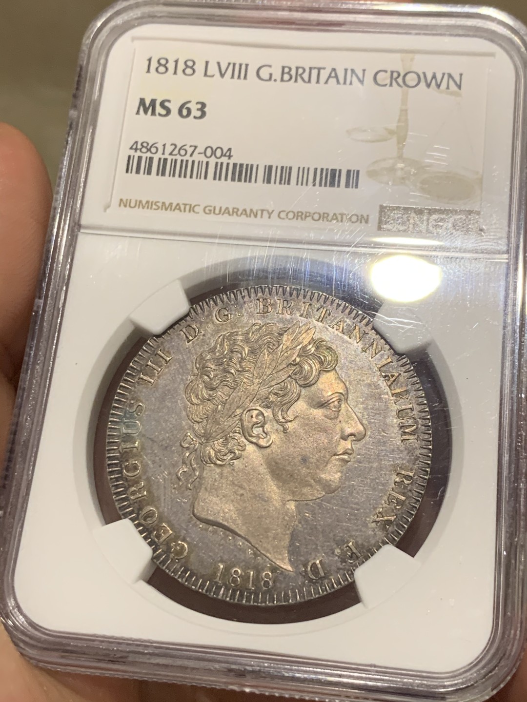 NGC MS63 1818年英国乔治三世马剑克朗 镜面底板，紫罗兰色包浆，最早的马剑克朗