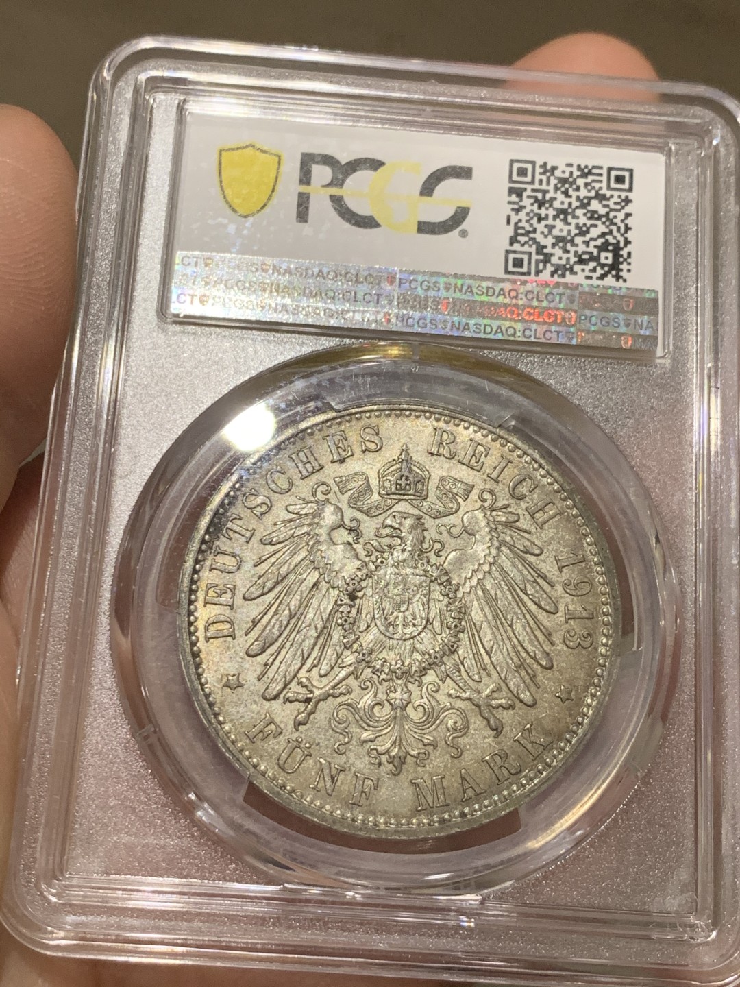 《竞宝斋》第52场-本周日，周一2场连拍（全场不限金额包邮） PCGS-MS64 1913-J 汉堡双狮5马克 最美德币之一 高分极少 五彩斑斓 收藏级品相