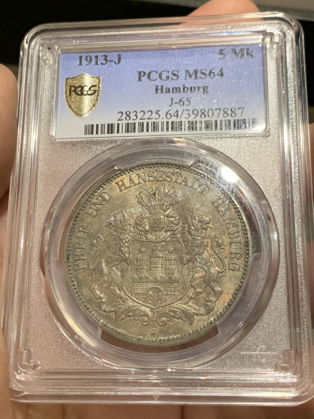 《竞宝斋》第52场-本周日，周一2场连拍（全场不限金额包邮） PCGS-MS64 1913-J 汉堡双狮5马克 最美德币之一 高分极少 五彩斑斓 收藏级品相