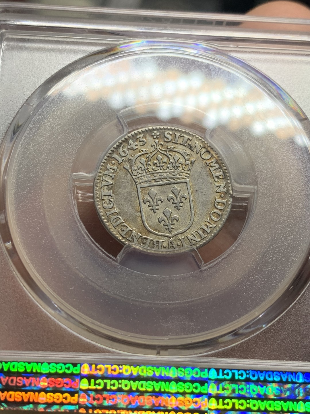 《竞宝斋》第52场-本周日，周一2场连拍（全场不限金额包邮） PCGS XF45 1643年法国路易十三1/12埃居银币 路易十三的机制币很少见，深打，盾徽清晰