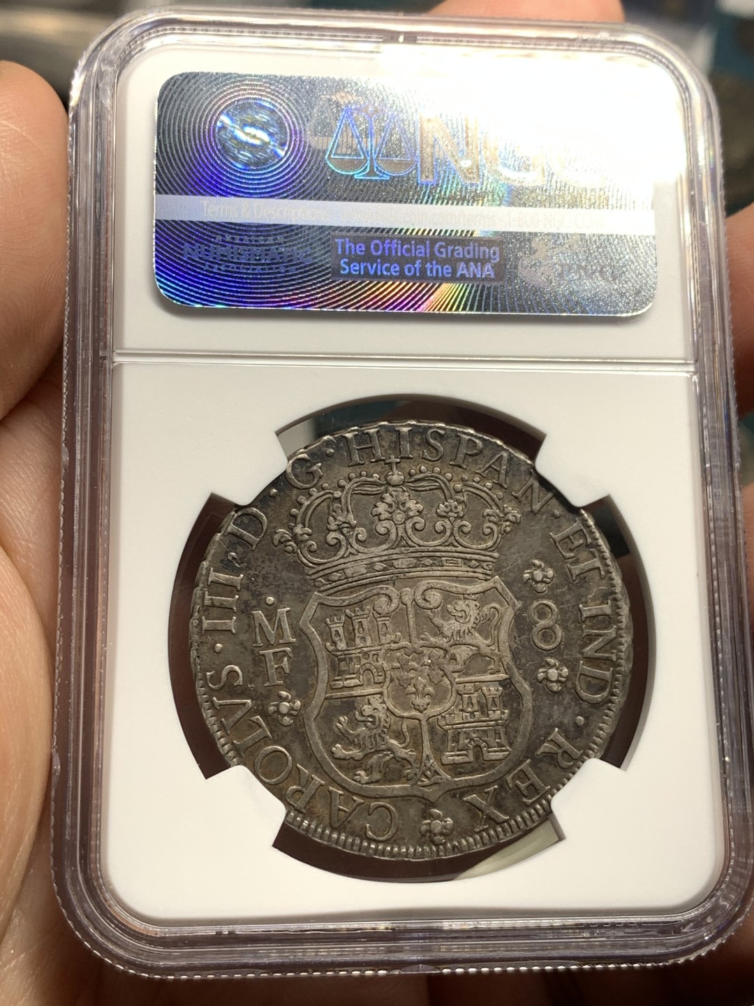 《竞宝斋》第52场-本周日，周一2场连拍（全场不限金额包邮） NGC-XF45  墨西哥地球 1766/5   8 里亚尔   地球骑字都是属于rare  加之大黑彩包浆 收藏首选  最热  