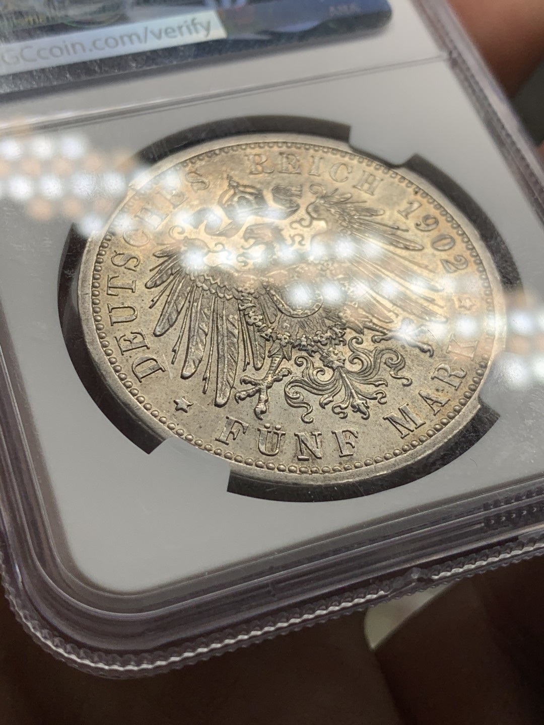 《竞宝斋》第52场-本周日，周一2场连拍（全场不限金额包邮） NGC MS63 德国 1902年  巴登 登基50周年 5马克 大银币 原味好状态