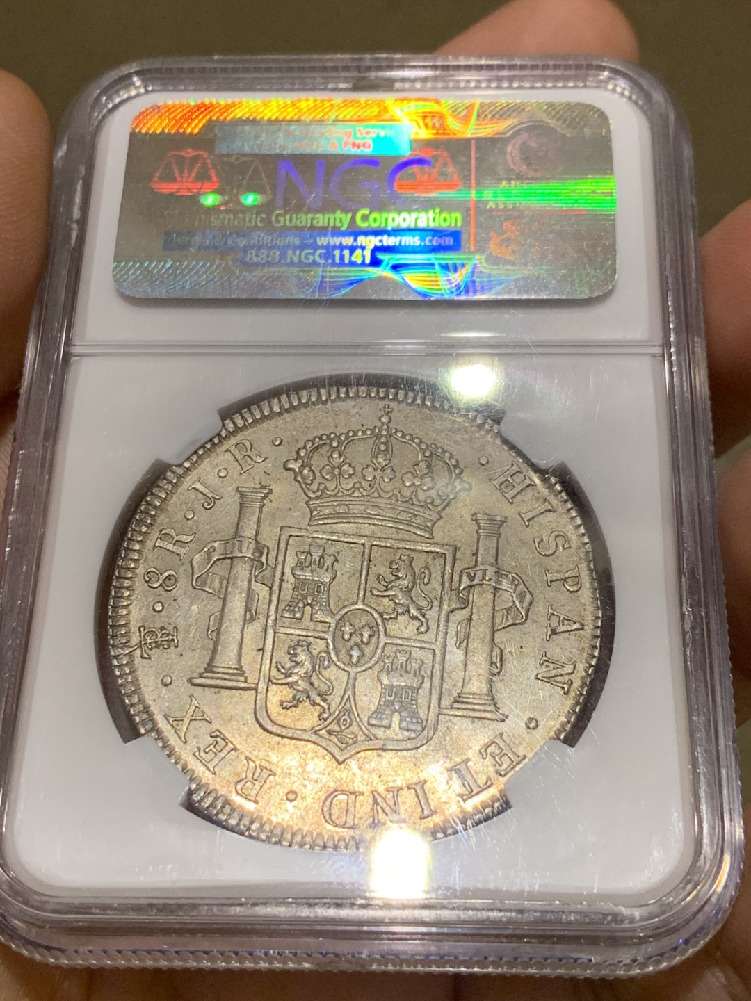 《竞宝斋》第52场-本周日，周一2场连拍（全场不限金额包邮） NGC AU58 原味深打 玻利维亚 1773年 卡三 双柱 大银币 满眼的肌肉感 背面PL感十足 值得收藏