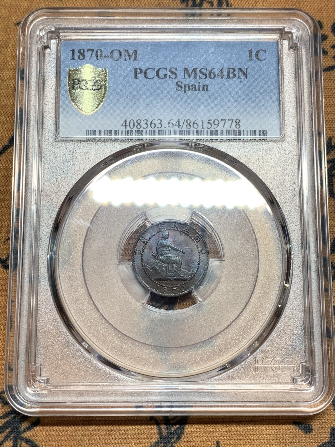 《竞宝斋》第52场-本周日，周一2场连拍（全场不限金额包邮） PCGS MS64 1870年西班牙1分铜币 亚军分，双面彩光
