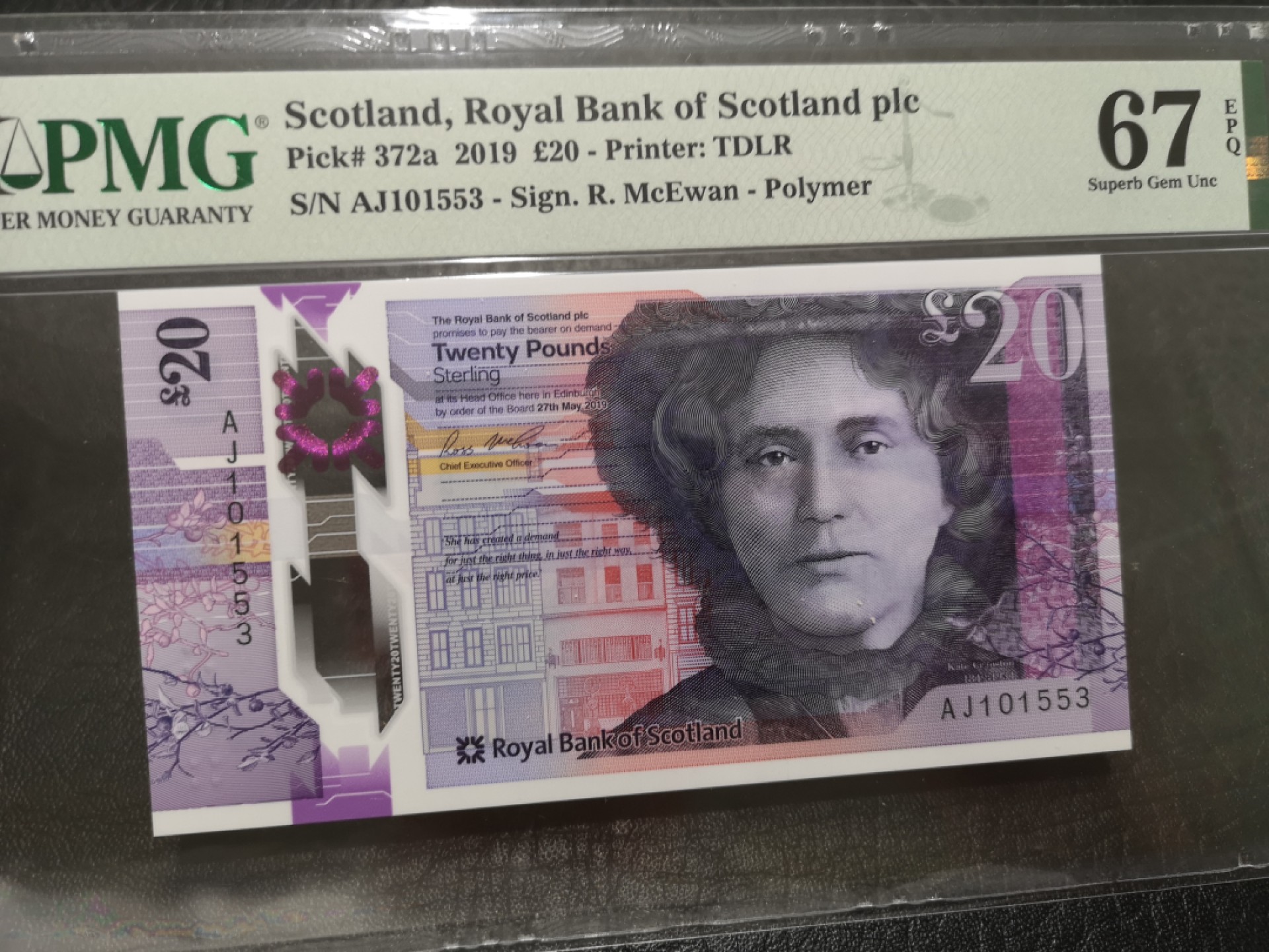 外钞收藏家》第一百七十六期拍卖 2019年苏格兰皇家银行20镑 PMG67 无47