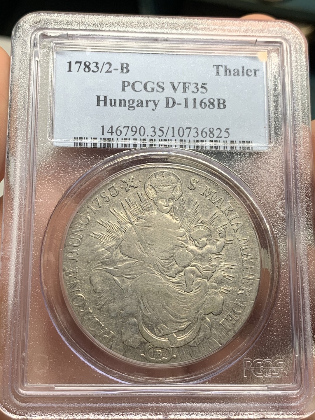 《竞宝斋》第52场-本周日，周一2场连拍（全场不限金额包邮） PCGS VF35匈牙利1783/2年骑字版双天使圣母抱婴泰勒   少见骑字版PCGS唯一入盒记录