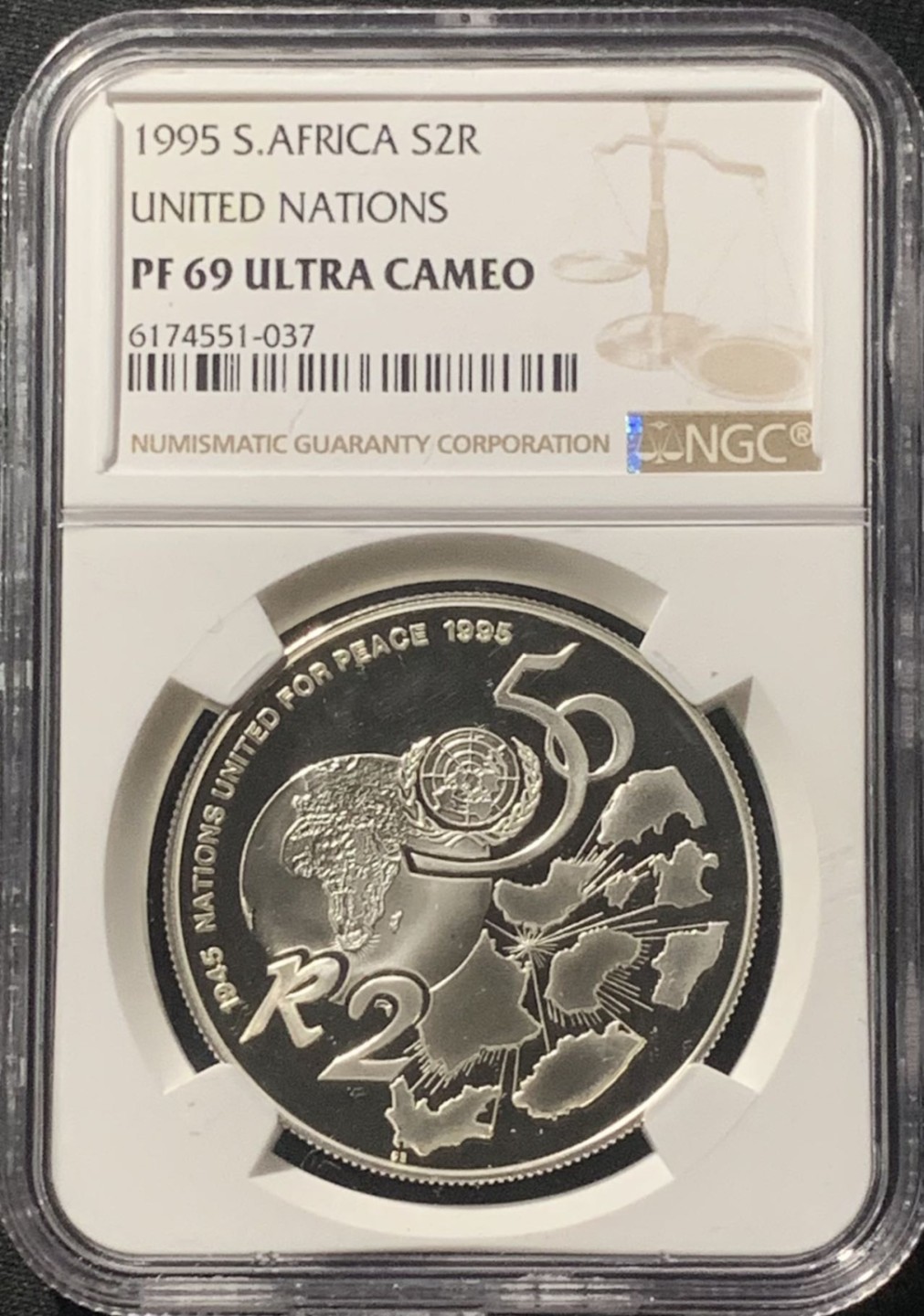 紫瑗钱币——第206期拍卖 南非 1995年 联合国成立50周年 2兰特 银币 NGC PR69 UC