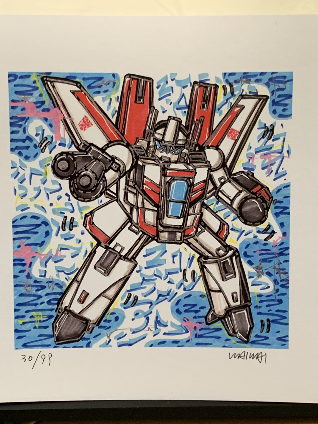零元拍：歪歪亲笔签名 OWSON系列限量插画复制画《变形金刚系列：天火》，尺寸约22/22厘米，拍品不含镜框