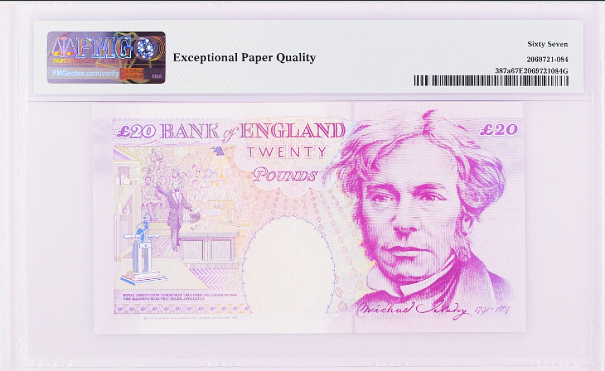 《张总和他的朋友们外币收藏》五一特别精品场 英国E序列初版数字冠20镑PMG67E好号 冠军分 1993年