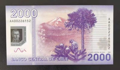 现货拍卖，塑料钞，纸钞，纪念钞，评级币，豹子号，雷达号等趣味号码专场 - 智利2009年2000比索塑料钞，首年份首冠 AA 00226152，稀少