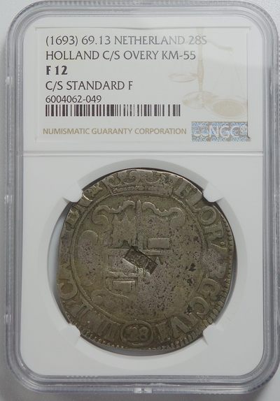 【雨安收藏】第013期 世界各国币章 0元起 晚上7:30 - 世界Netherlands	荷兰上埃瑟尔省28s(1693年)加盖HOL(荷兰省) NGC-F12