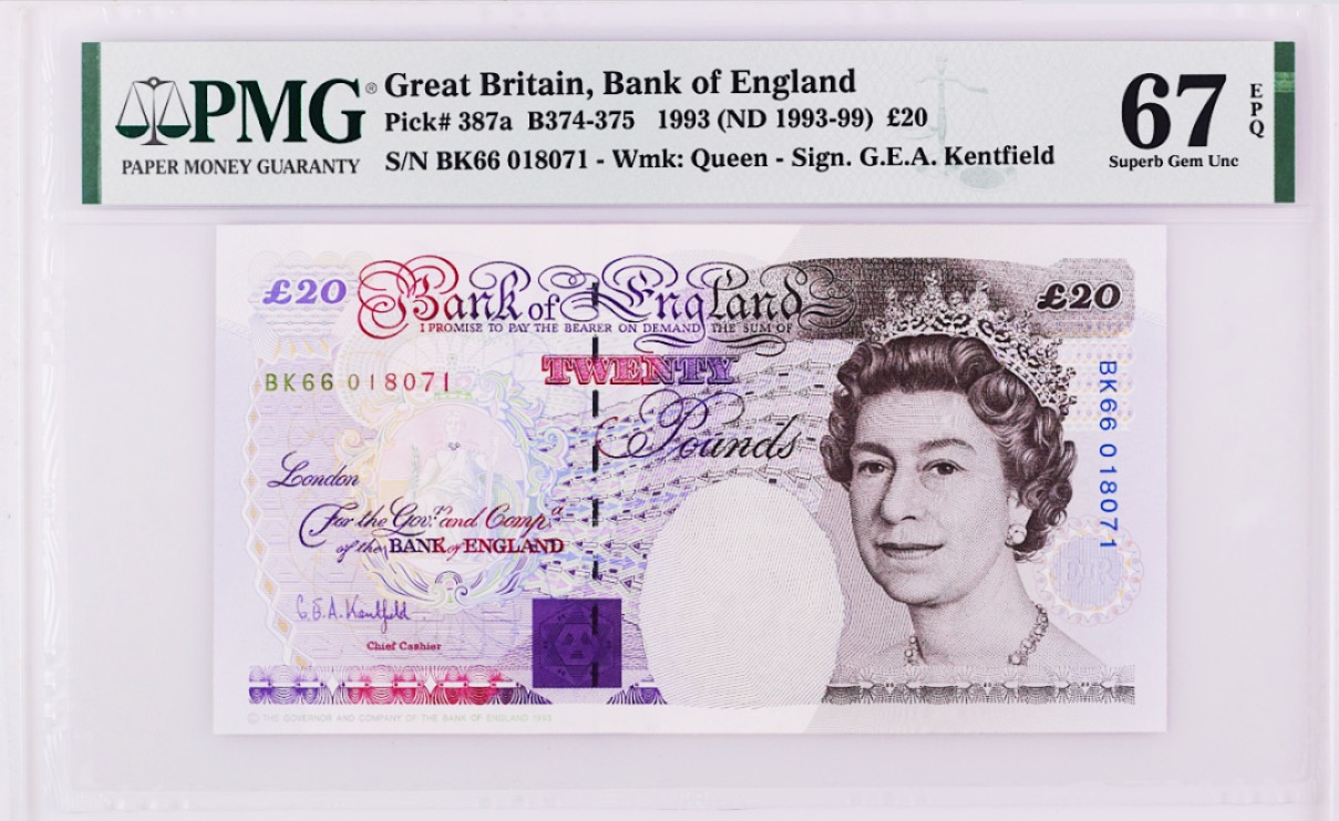 《张总和他的朋友们外币收藏》五一特别精品场 英国E序列初版数字冠20镑PMG67E好号 冠军分 1993年