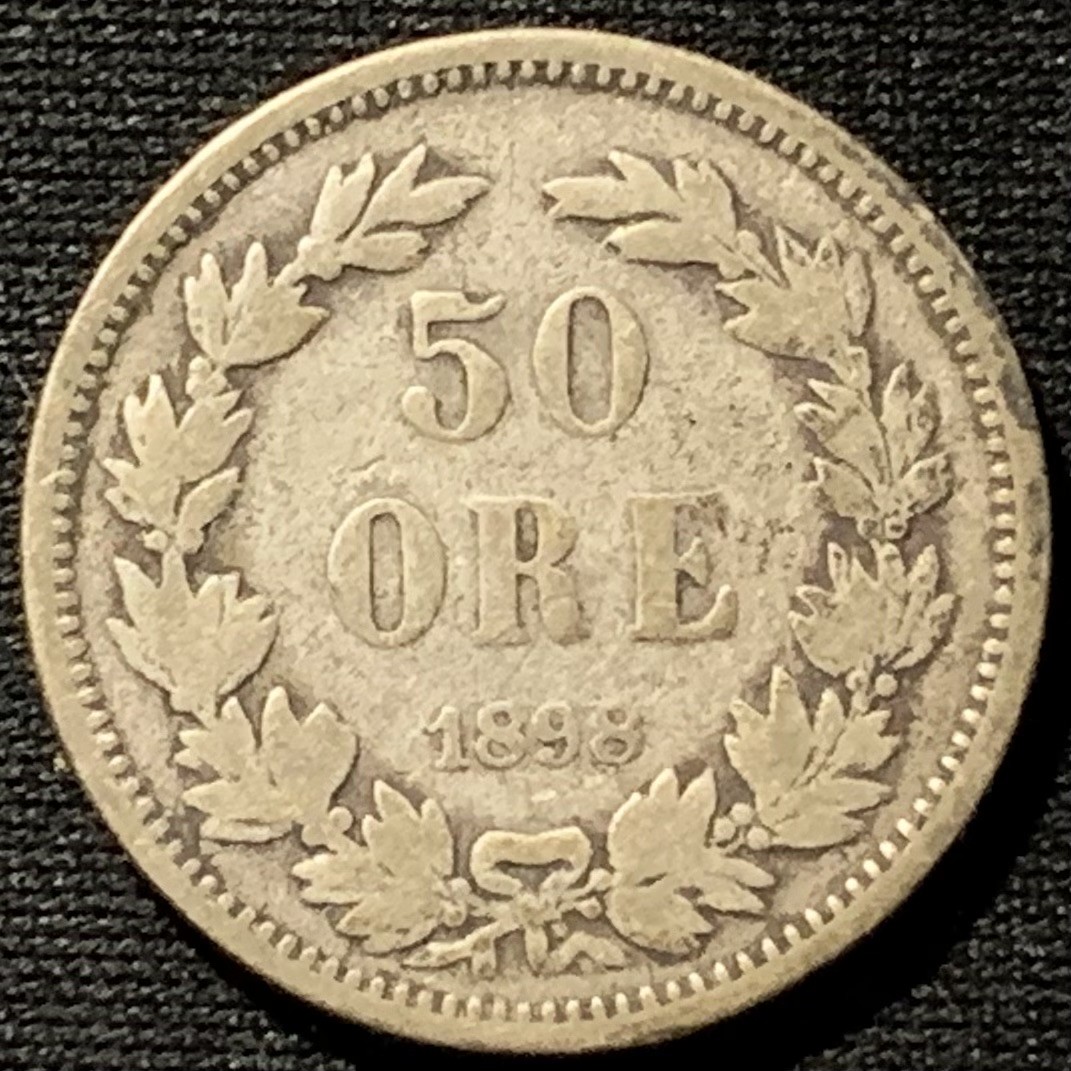 紫瑗钱币——第196期拍卖 瑞典 1898年 奥斯卡二世 50欧尔 5克 0.6银 