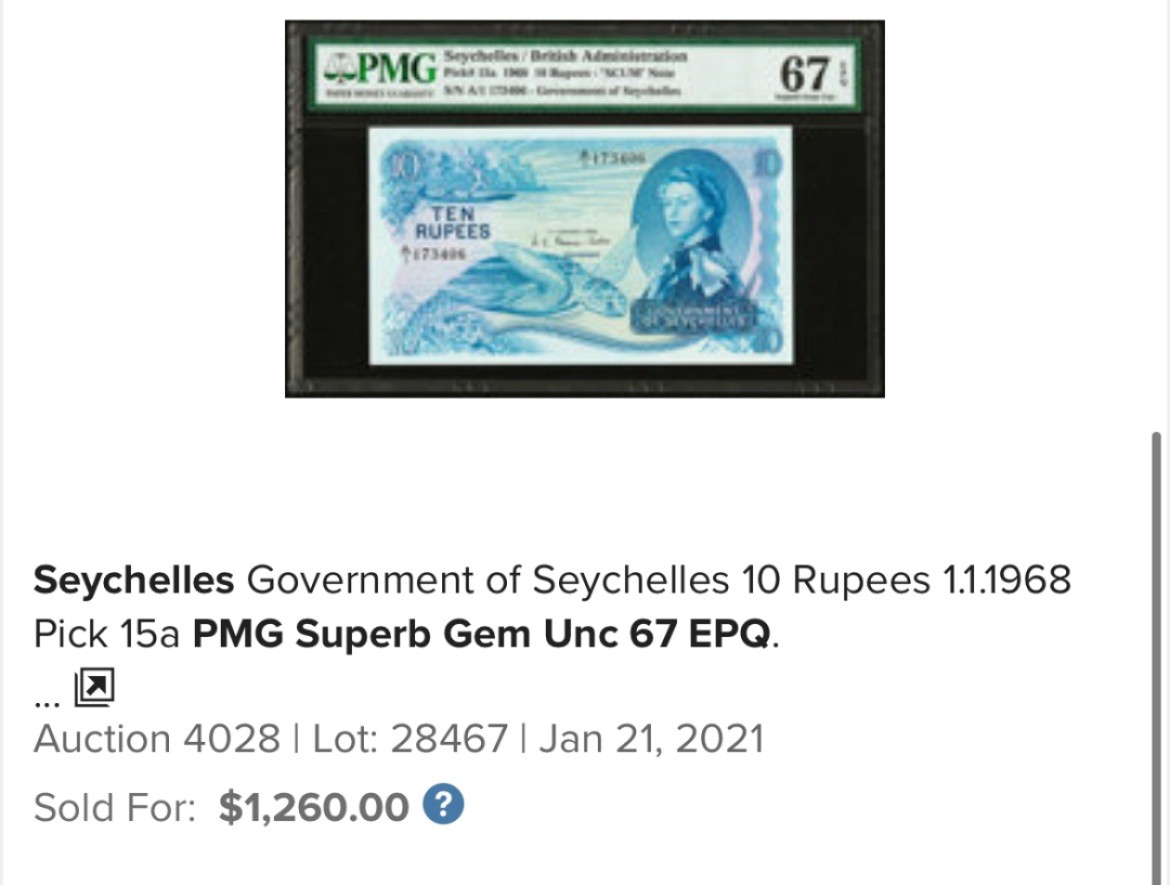 【Blue Auction】✨世界纸币精拍第180期（共73拍） 【冠军分】塞舌尔 A1冠 1968年10卢比 PMG67EPQ 老壳子 戎装女王 大海龟 SCUM note 非常精美 