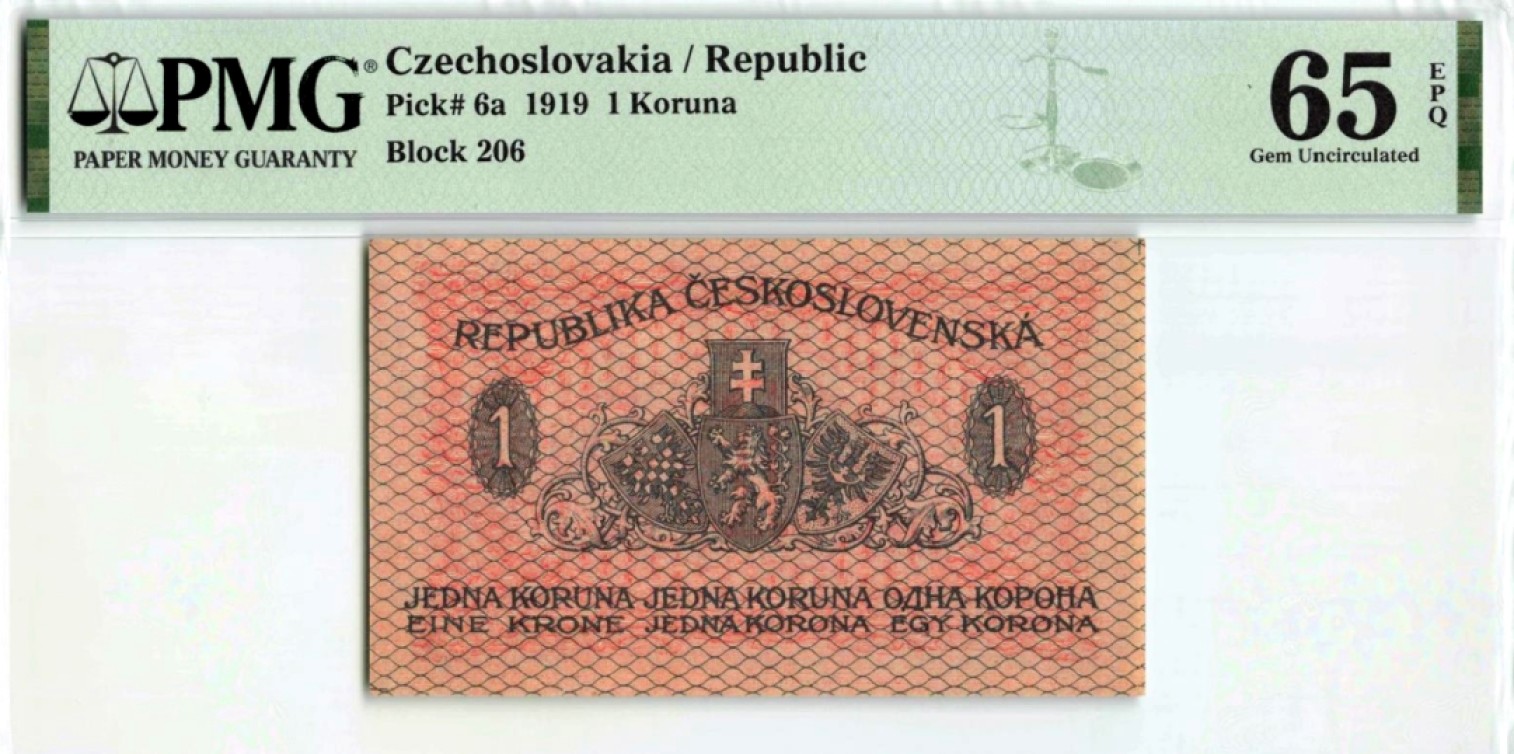 【Blue Auction】✨世界纸币精拍第180期（共73拍） 【百年风云 少见品种】捷克斯洛伐克 早期 p6a 1919年1克朗 PMG65EPQ 绝品 