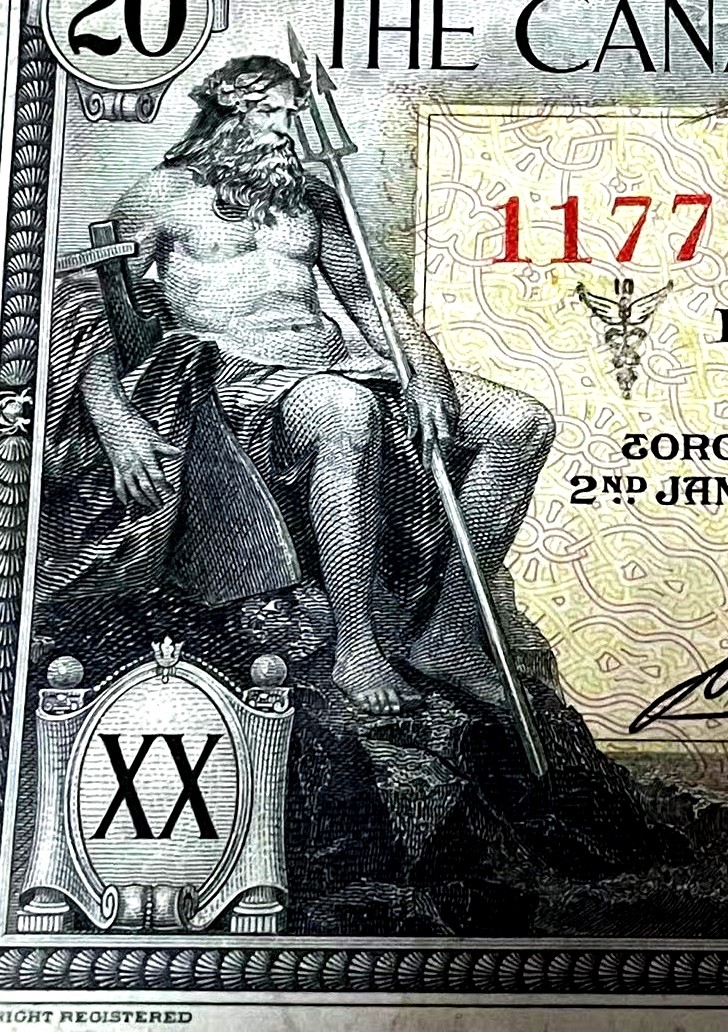 【Blue Auction】✨世界纸币精拍第180期（共73拍） 加拿大 1935年20元 经典海王 雕刻非常漂亮 众神&裸女 品相如图 原汁原味 