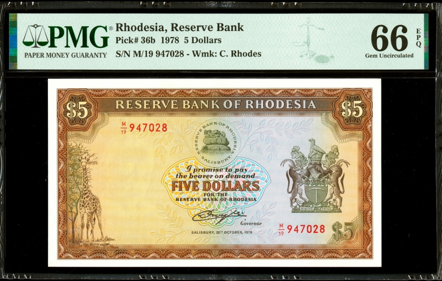 【Blue Auction】✨世界纸币精拍第180期（共73拍） 罗德西亚 p36b  1978年5元 PMG66EPQ 狮子精美